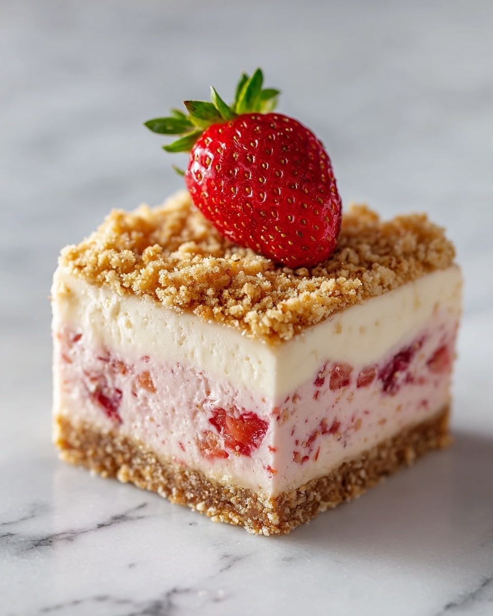 The image shows a close-up of a square dessert with three layers on a white marbled surface. The bottom layer is a crumbly, light brown crust with a coarse texture. The middle layer is thick, creamy, and pale pink with small bits of red fruit mixed inside. The top layer is a crumbly, golden brown topping that looks crunchy. On top of the dessert sits a fresh, whole strawberry with a green stem. Photo taken with an iphone --ar 4:5 --v 7