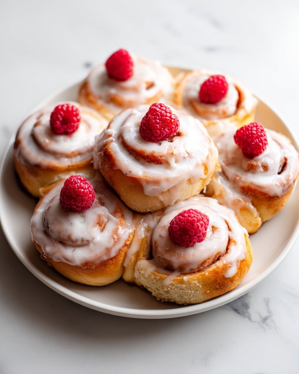 A white plate holds eight cinnamon rolls arranged closely, each roll covered with a smooth layer of white icing that glistens softly. On top of each cinnamon roll, there is a bright red raspberry placed in the center, adding a pop of color and texture contrast. The cinnamon rolls have a golden-brown dough with visible spiral patterns inside. The plate is set on a white marbled surface. Photo taken with an iphone --ar 4:5 --v 7