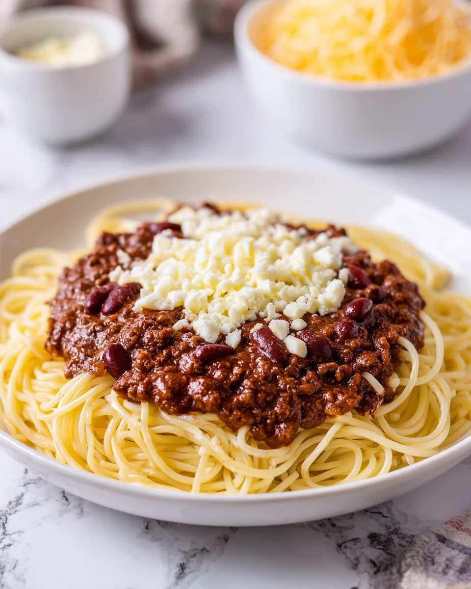 A round white plate holds a nest of cooked spaghetti, pale yellow in color and slightly glossy, covering the entire base of the plate. On top of the pasta, there is a thick layer of dark reddish-brown chili sauce with visible kidney beans and ground meat, giving it a chunky texture. The chili layer is crowned with small white cheese cubes sprinkled generously in the center. The plate is set on a white marbled surface, and the background shows a blurred bowl of shredded yellow cheese and a white container, suggesting a cozy meal setting. Photo taken with an iphone --ar 4:5 --v 7