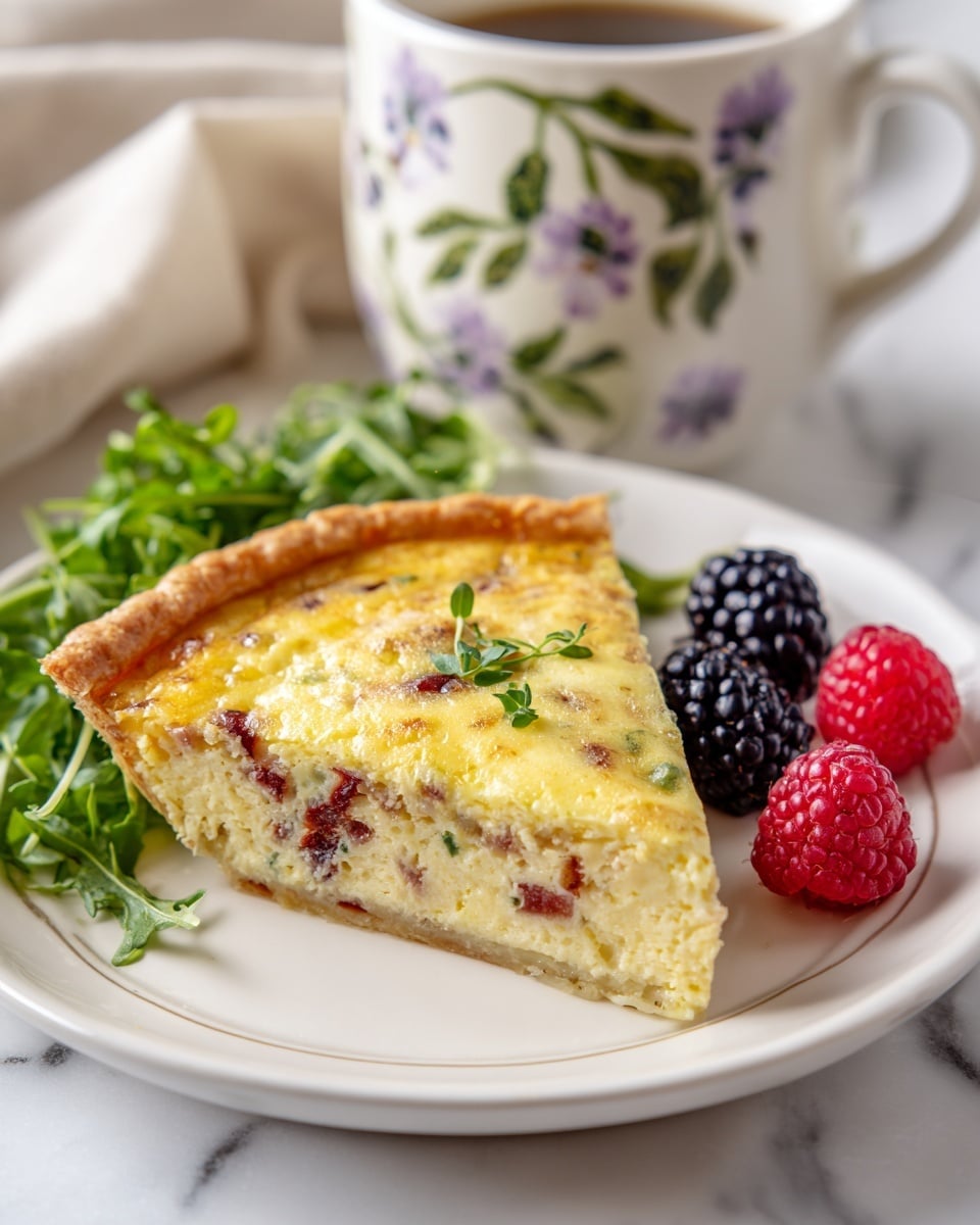 A slice of thick yellow quiche with bits of red and green vegetables inside sits on a white plate, placed slightly off-center. The quiche slice’s top is golden brown with a smooth texture and garnished with a small green herb on top. On the right side of the plate, there are three fresh berries: two bright red raspberries and one large dark blackberry, all looking juicy and ripe. To the left of the quiche, there is a small pile of fresh green arugula leaves, adding a touch of leafy texture. In the soft-focused background, a large white mug with a green and purple leaf pattern stands on a white marbled surface, with a light beige cloth slightly visible beside it. Photo taken with an iphone --ar 4:5 --v 7