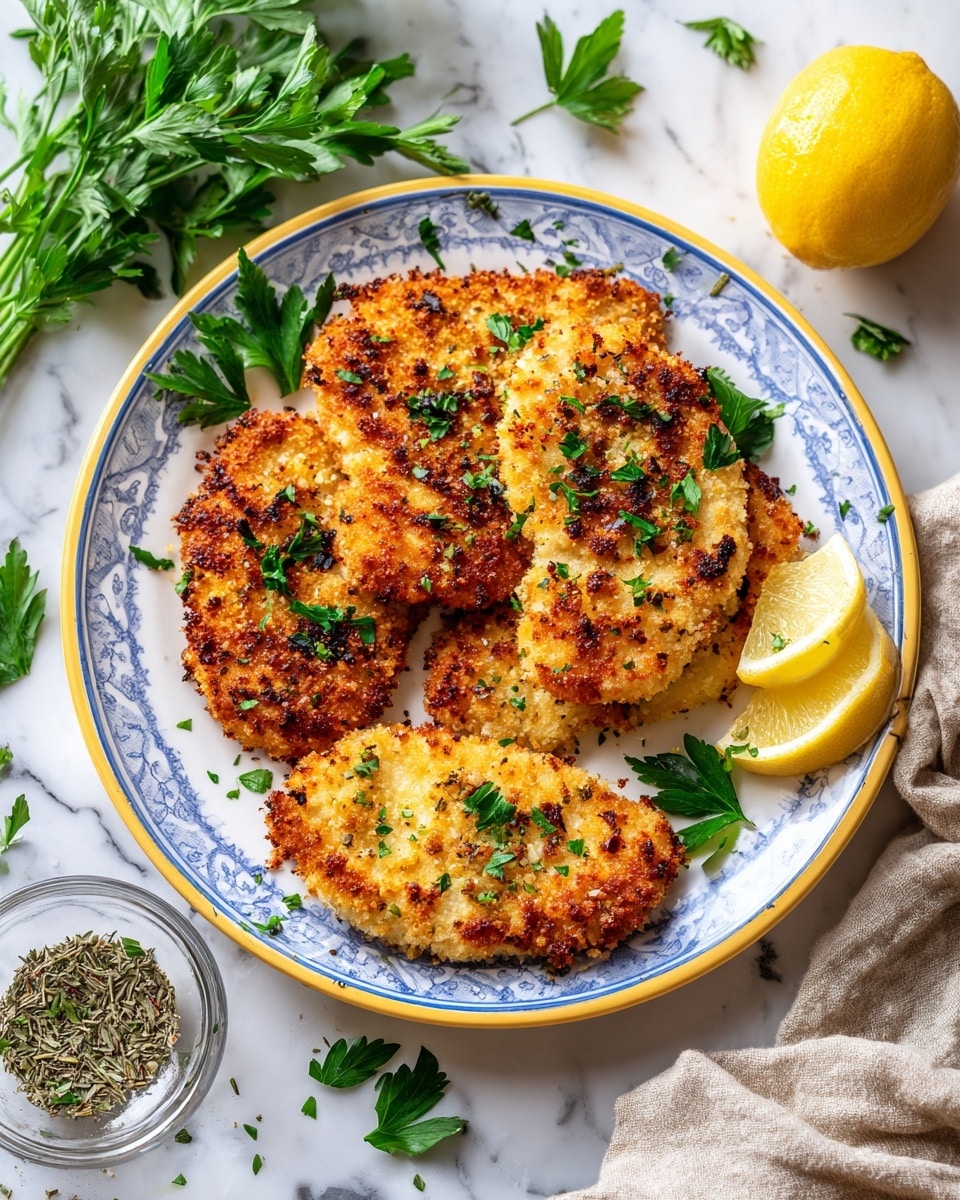 The image shows a white plate with a yellow rim and a blue pattern on one side, holding four pieces of golden-brown breaded chicken, each piece showing a crispy and crunchy texture with a mix of darker and lighter brown spots. The chicken is garnished with small bits of fresh green parsley scattered across the top and around the plate. Next to the chicken, on the right side, is a lemon wedge with its bright yellow color contrasting against the chicken. Around the plate, there are fresh green parsley sprigs, a whole lemon, a small glass bowl with mixed dry herbs, and a beige cloth on a white marbled surface. photo taken with an iphone --ar 4:5 --v 7