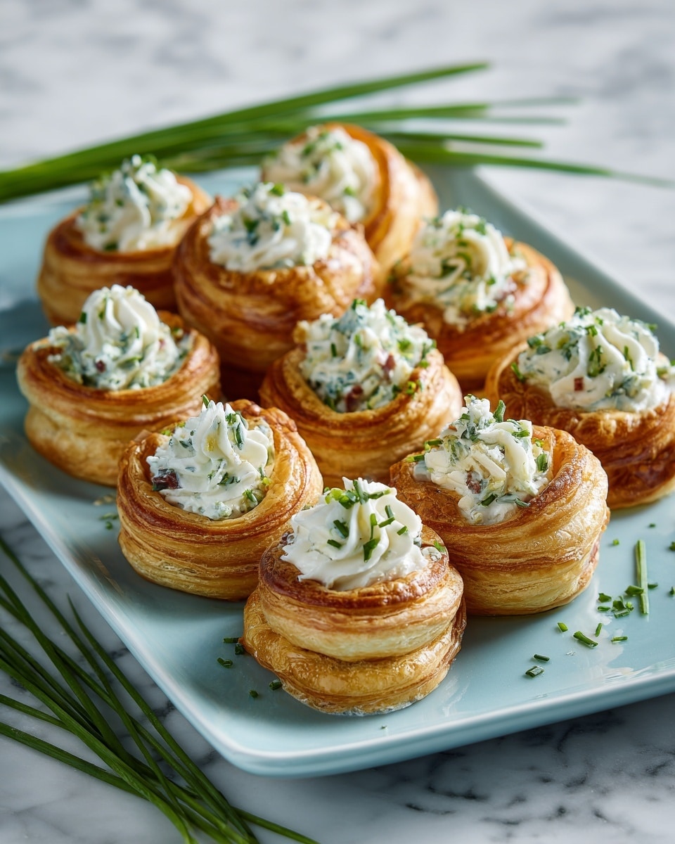 The image shows a white rectangular plate with 12 puff pastry cups filled with a creamy chicken salad mixture. Each pastry cup has a golden-brown, flaky texture and is filled with a light beige creamy filling dotted with small pieces of red and green vegetables. On top of each filling is a swirl of white cream, sprinkled with chopped green chives. A few long chive stalks lie beside the plate on a white marbled surface. photo taken with an iphone --ar 4:5 --v 7