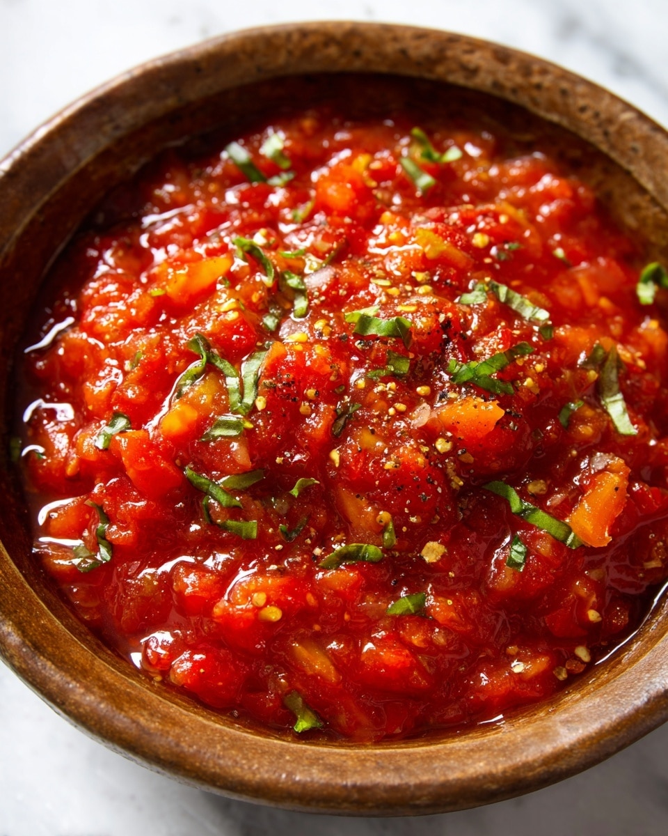 A close-up view of a bowl filled with chunky red tomato sauce showing textured pieces of tomatoes in bright red and orange colors, topped with chopped green basil leaves and small specks of seasoning scattered across. The bowl is rustic and brown and sits on a white marbled surface. photo taken with an iphone --ar 4:5 --v 7