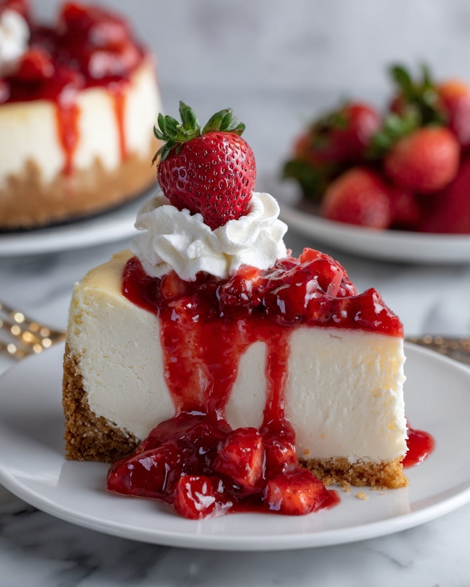 A slice of creamy white cheesecake with a light brown crumbly crust at the bottom sits on a white plate. On top and flowing down the side is a bright red strawberry sauce with whole strawberries embedded, creating a glossy, juicy look. At the back of the slice is a dollop of white whipped cream with a fresh, red strawberry on top. In the background, there is another plate with a smaller cheesecake slice and scattered fresh strawberries, all on a white marbled texture surface. photo taken with an iphone --ar 4:5 --v 7