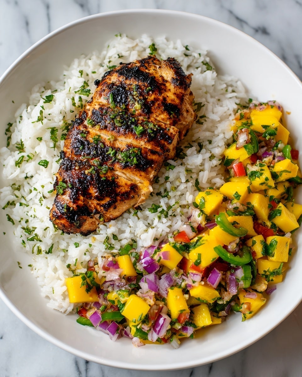 A white plate holds a layer of fluffy white rice sprinkled with green herbs, topped with a grilled chicken breast showing dark grill marks and a golden brown color, garnished with chopped green herbs and bits of purple onion. To the right of the chicken is a colorful mango salsa made of bright yellow mango chunks, green jalapeño slices, diced red bell pepper, purple onion pieces, and chopped green herbs. The plate sits on a white marbled surface. Photo taken with an iphone --ar 4:5 --v 7
