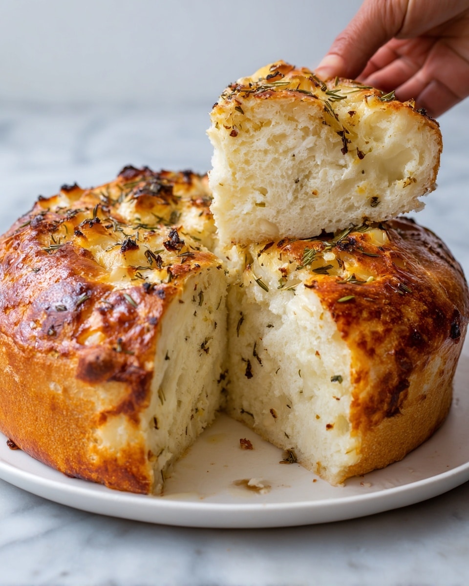 The image shows a round bread loaf with a shiny golden brown crust, divided into sections by cuts that reveal a soft, fluffy white interior. Each section is topped with melted browned cheese and small green herb pieces, giving a textured, slightly crispy look. The bread sits on a dark round plate set on a white marbled surface. A woman's hand is about to pull a piece from the loaf. Photo taken with an iphone --ar 4:5 --v 7