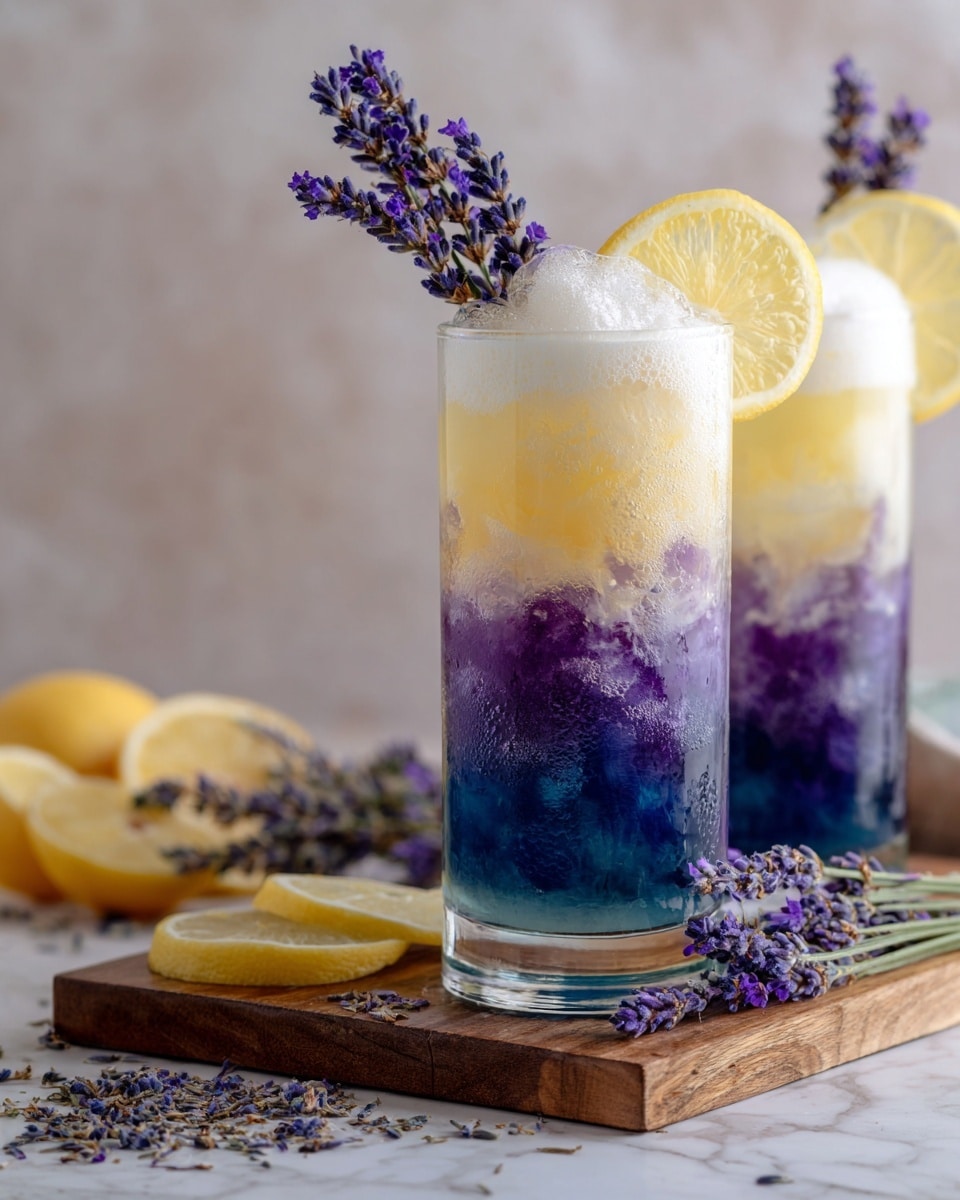 Two clear glasses hold a layered drink with three main colors: deep blue at the bottom, a bright purple in the middle, and a creamy white foam on top. The top layer is decorated with small purple flower petals and a sprig of purple lavender, along with a yellow lemon slice resting on the glass rim. The glasses sit on a wooden board scattered with dried purple petals and lemon slices. The background shows a soft focus with warm light coming from the left side, and the surface beneath the wooden board is a white marbled texture. photo taken with an iphone --ar 4:5 --v 7