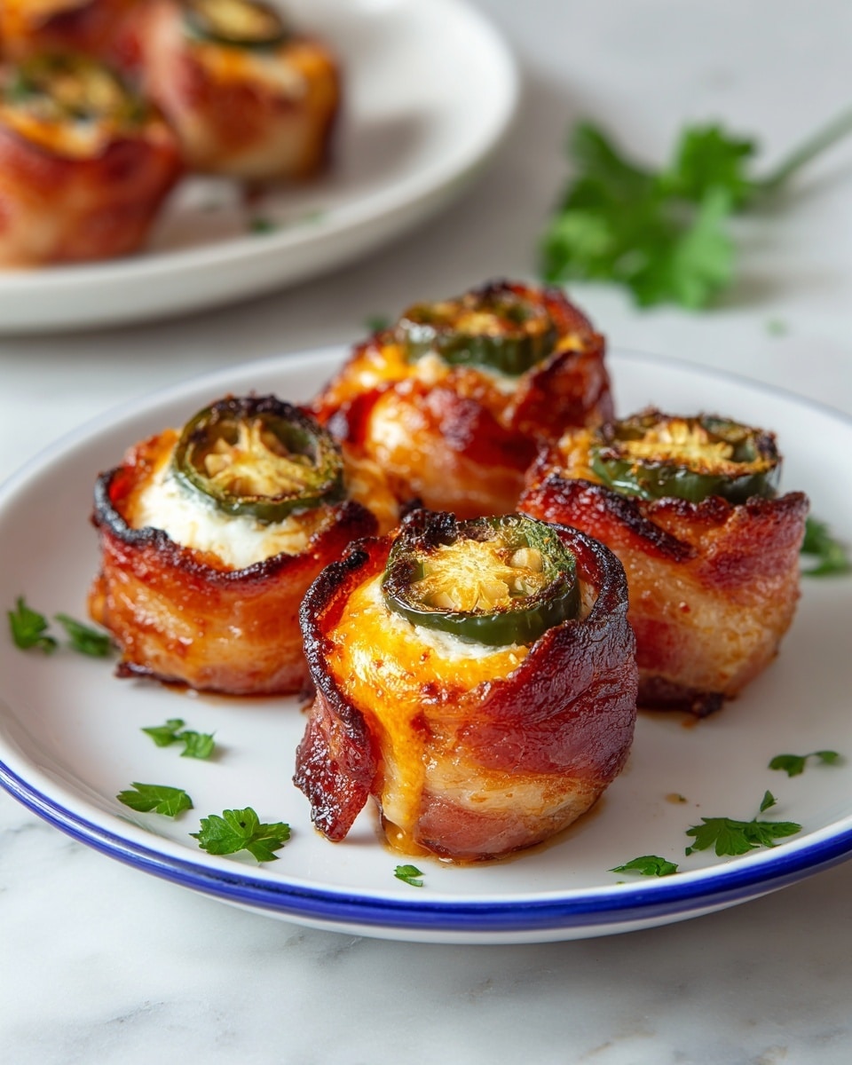 The image shows a white plate with a blue rim filled with round bacon-wrapped appetizers called Pig Shots. Each piece has a layer of crispy, shiny, reddish-brown bacon wrapped around the outside. On top of each piece is a melted layer of creamy, light orange cheese with a soft and slightly browned texture. Above the cheese, there is a slice of green jalapeño pepper with darkened, grilled edges and a glossy finish. The plate is placed on a white marbled surface, and there is a second plate of the same appetizers in the background on the same surface, with some green parsley for garnish visible between the plates. The photo taken with an iphone --ar 4:5 --v 7
