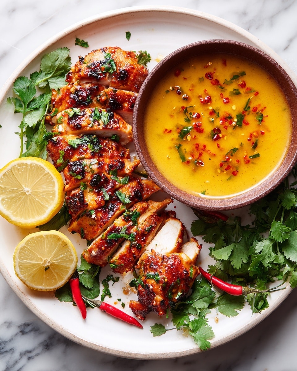 A white round plate with pieces of grilled chicken that have a charred, orange-brown color and are sliced to show the white inside. The chicken pieces are sprinkled with green cilantro leaves. To the left side of the plate are two halves of a green lemon, bright and juicy. At the top center of the plate is a small brown bowl filled with a thick orange-yellow sauce, dotted with red chili flakes and small green herb pieces. Fresh bright green cilantro leaves and red chili peppers surround the plate on a white marbled surface. photo taken with an iphone --ar 4:5 --v 7