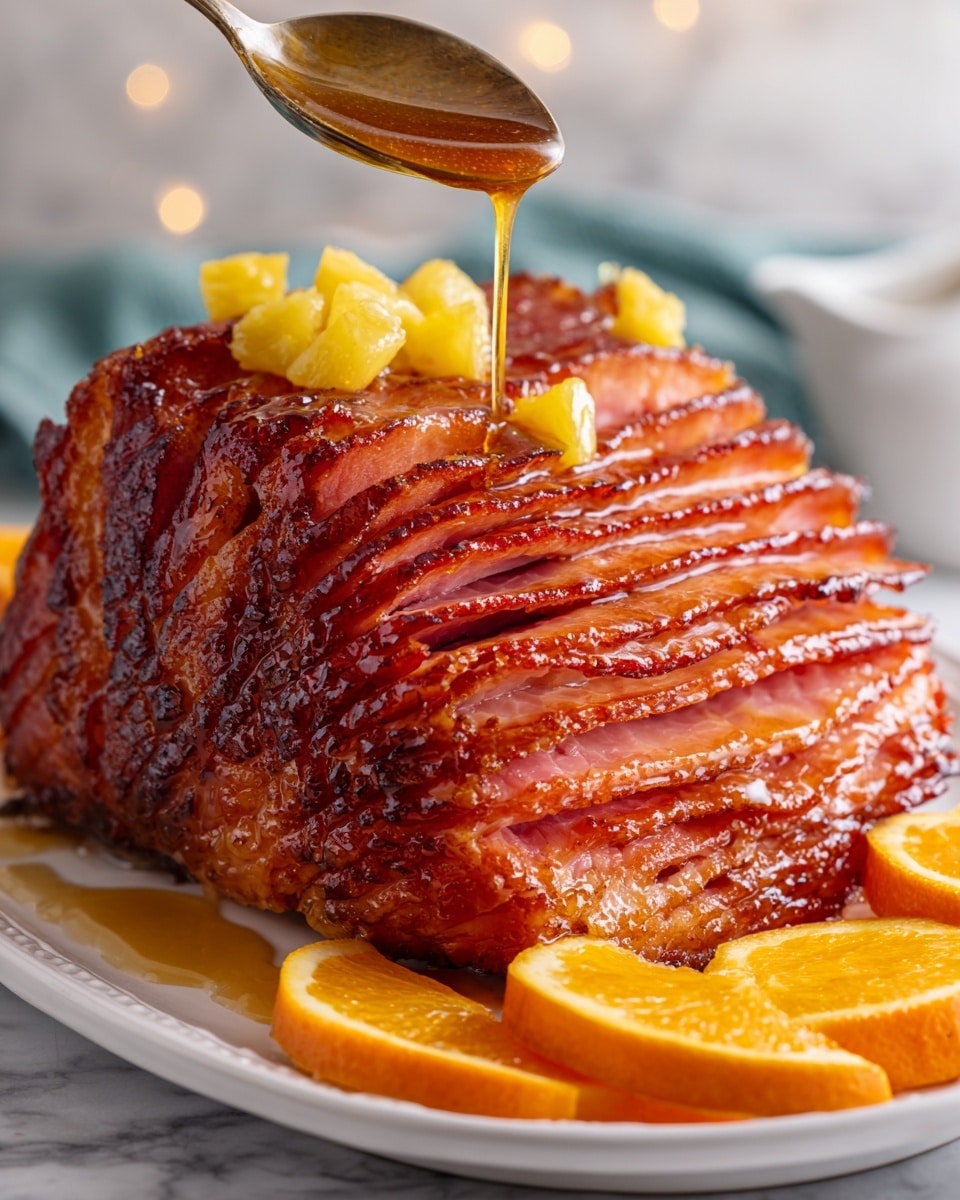 A close-up of a glazed ham sliced in layers, each layer showing a shiny, caramelized reddish-brown color with a slightly crispy texture on the edges. Small pieces of yellow pineapple are scattered on top and around the ham, adding a bright contrast. A spoon covered with dripping amber glaze is held above the ham, pouring the sticky syrup down the layers. At the front of the white plate are a few orange slices, juicy and glossy, adding color to the dish. The background shows a blurred kitchen scene with a white marbled texture surface beneath the plate. photo taken with an iphone --ar 4:5 --v 7