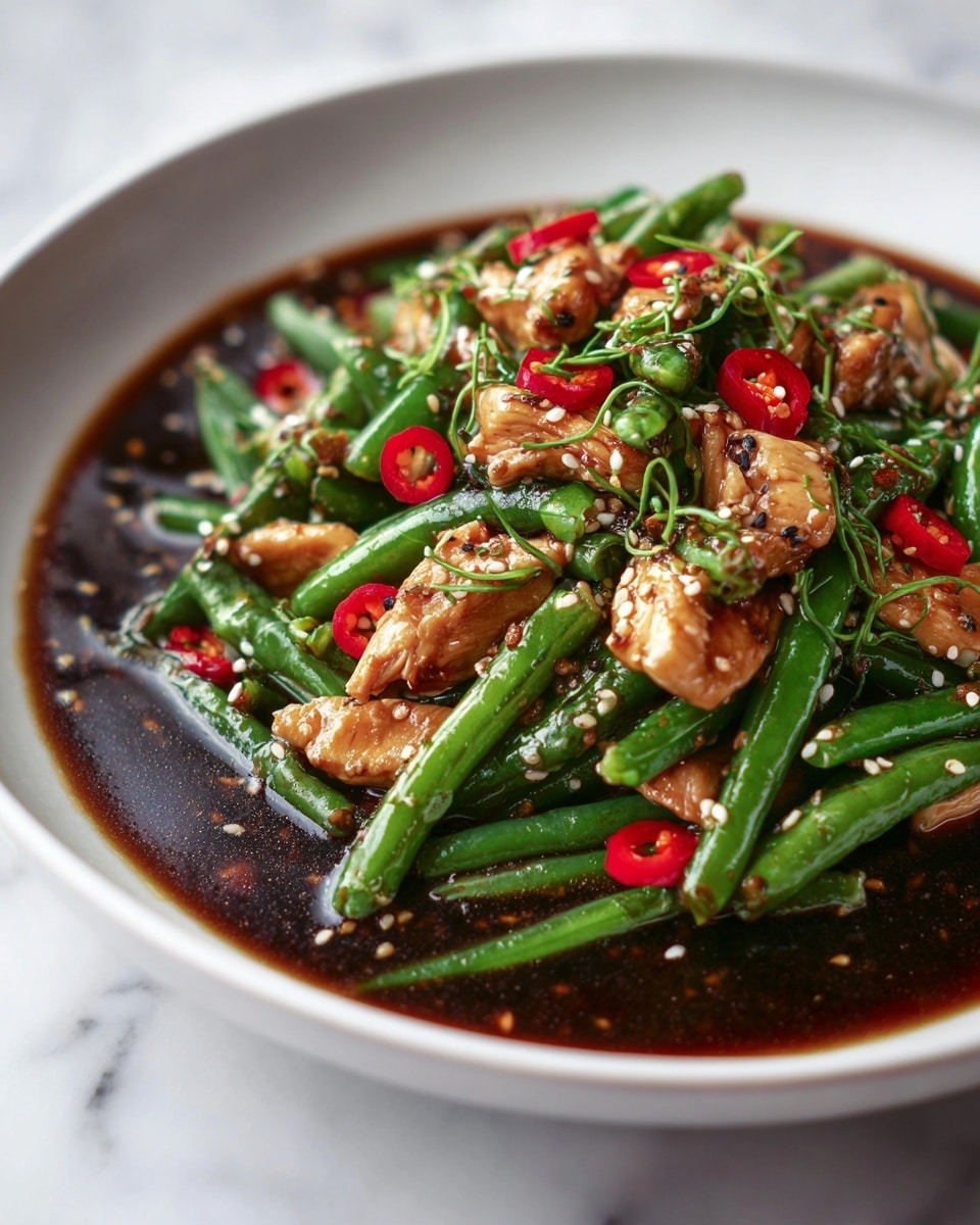 The image shows a close-up of a dish with two main layers: the bottom layer is a dark brown shiny sauce pooling around the food, while the top layer is made of bright green beans mixed with golden-brown cooked chicken strips scattered throughout. Small pieces of red chili are spread evenly on top, adding bright red spots. Lightly toasted sesame seeds and thin green herbs are sprinkled over everything, creating small white and green specks. The dish is served in a white bowl on a white marbled surface, with soft natural light highlighting the glossy texture of the sauce and the juicy look of the chicken and beans. Photo taken with an iphone --ar 4:5 --v 7