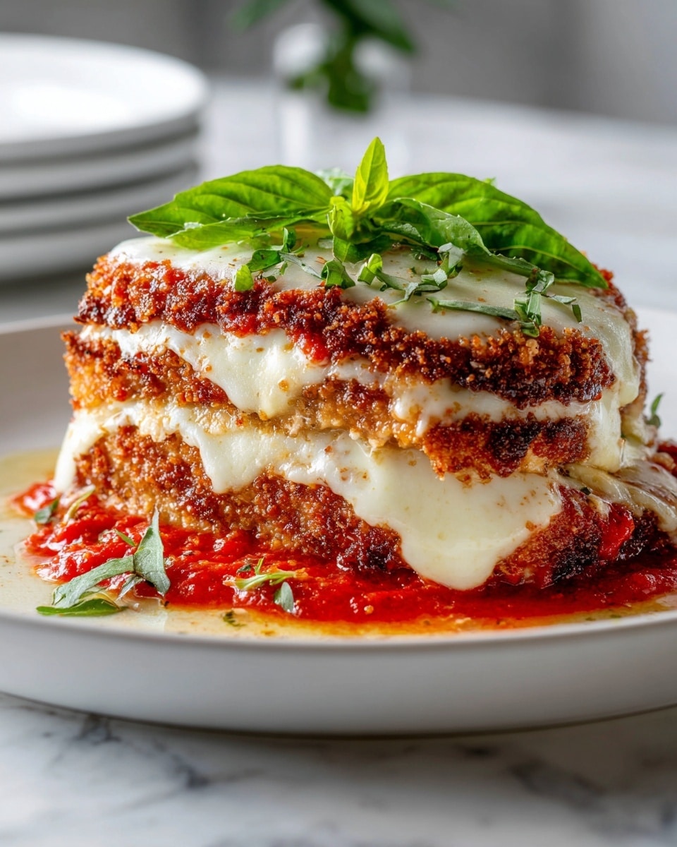 A white shallow round plate holds a layered chicken parmigiana, with a crispy golden breadcrumb crust at the bottom layer, topped with bright red tomato sauce, followed by a thick melted layer of creamy white cheese gently bubbling with hints of light brown, and fresh green basil leaves placed on top, set on a white marbled surface, photo taken with an iphone --ar 4:5 --v 7
