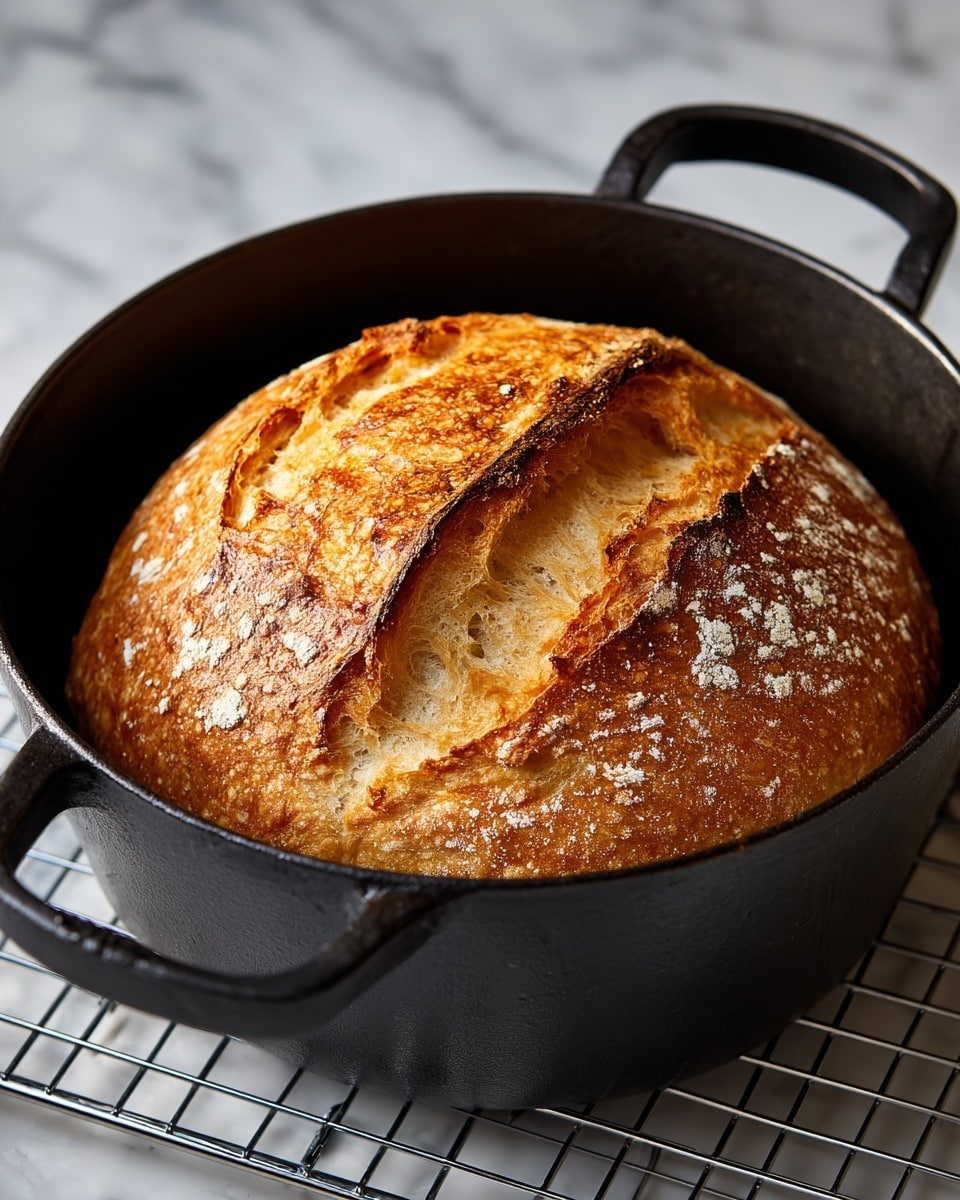 A round loaf of bread with a golden brown crust sits in a black cast iron pot with two handles, resting on a metal cooling rack over a white marbled surface. The top of the bread has a large cracked opening showing the soft, light interior texture, with a mix of shiny and matte areas on the crust. The bread fills most of the pot and looks freshly baked with a warm, inviting appearance. Photo taken with an iphone --ar 4:5 --v 7