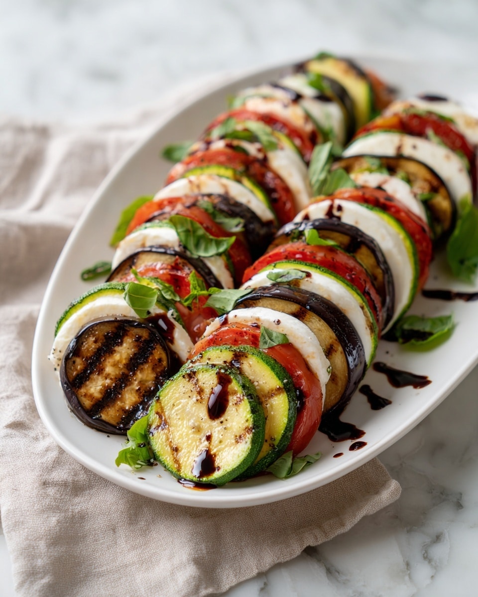 A white oval plate holds a beautifully arranged dish with alternating layers of grilled zucchini slices, grilled eggplant slices, fresh tomato slices, and white mozzarella cheese. Each vegetable slice shows charred grill marks, adding a textured pattern of dark lines. The layers are stacked vertically, slightly overlapping, creating a long, colorful row of bright green zucchini, deep purple eggplant, red tomatoes, and creamy white mozzarella. Fresh green basil leaves are scattered on top for color and freshness. The whole dish is drizzled with a glossy, dark balsamic glaze that adds contrast to the vibrant vegetables. The plate rests on a white marbled surface next to a folded light beige cloth. photo taken with an iphone --ar 4:5 --v 7