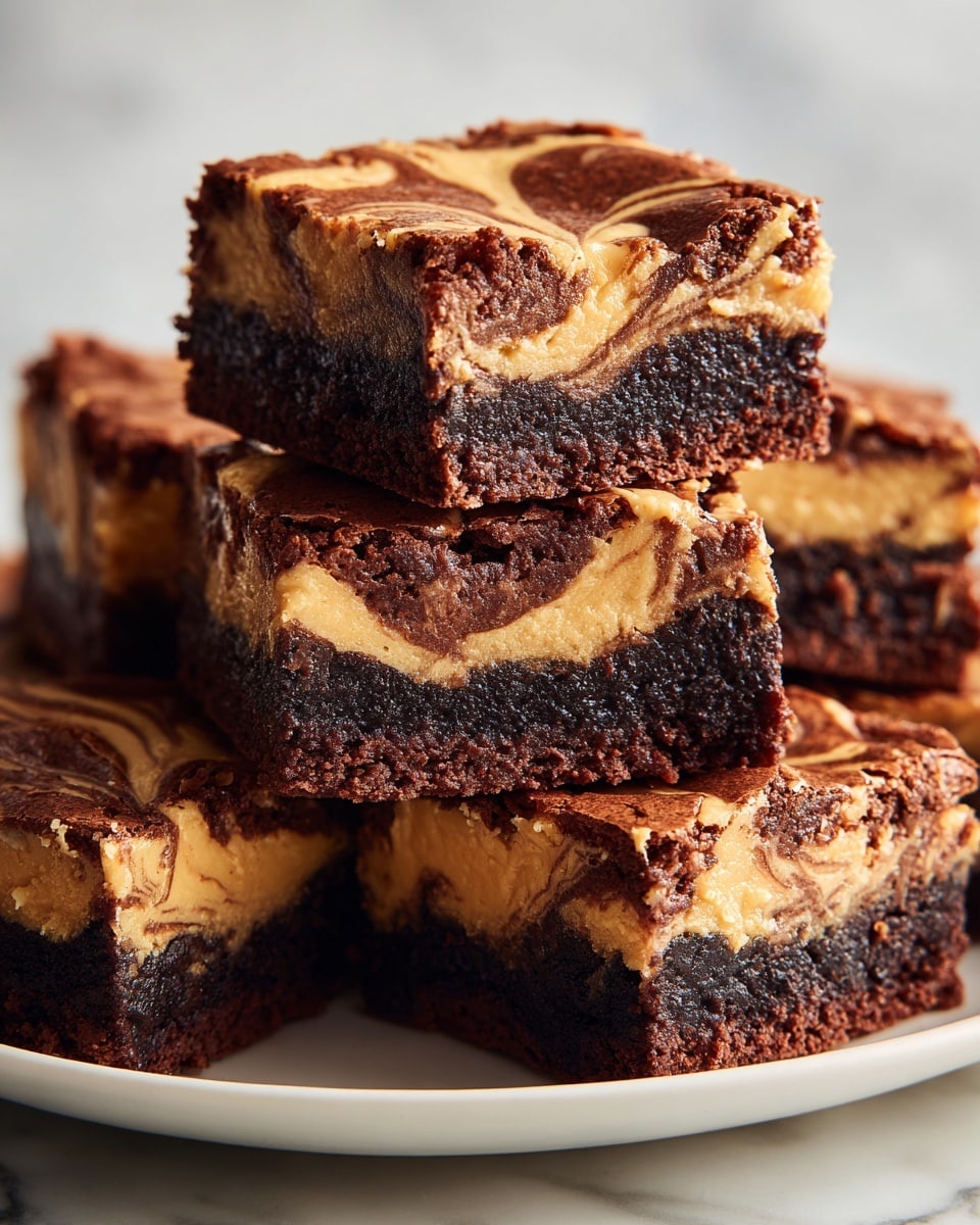 A stack of rich, fudgy brownies with a thick swirl of golden peanut butter on top is shown on a white plate placed on a white marbled surface. Each brownie piece has two layers: the bottom and middle layer is dark, dense, and moist chocolate, while the top layer is creamy peanut butter with a smooth, marbled texture that creates a swirl pattern. The edges of the brownies look slightly crumbly and golden brown. The focus is on the stack with the front brownie showing a clear side view of the layered swirl. Photo taken with an iphone --ar 4:5 --v 7