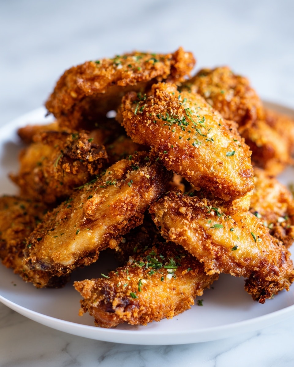 The image shows a white plate filled with golden brown, crispy breaded chicken wings stacked on top of each other. The wings have a crunchy texture with small green herb bits sprinkled lightly over them, adding a touch of color contrast. The background is a white marbled surface. photo taken with an iphone --ar 4:5 --v 7