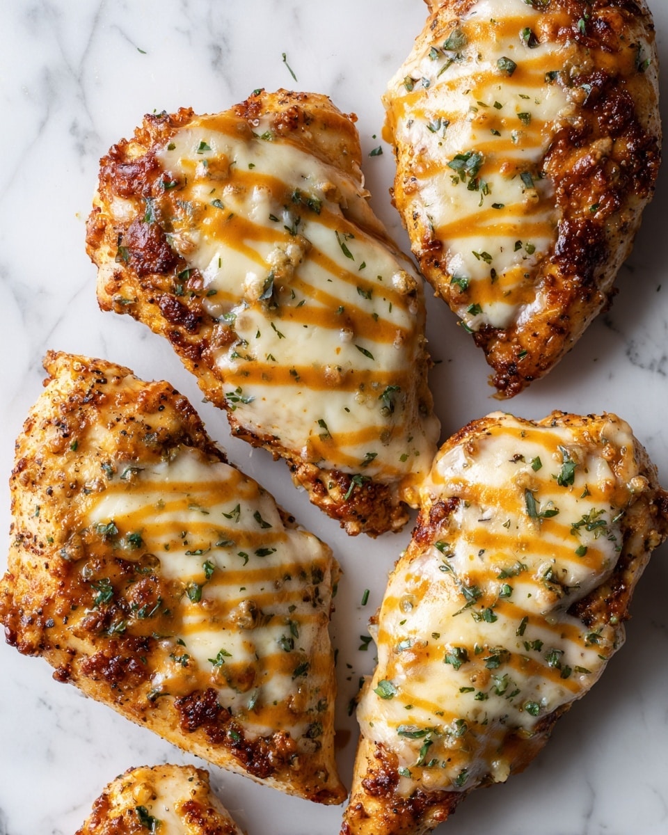 The image shows four pieces of baked chicken topped with white melted cheese and drizzled with orange sauce. Each piece is sprinkled with small green herb bits, creating a colorful contrast on the golden-brown crispy chicken. The pieces are closely placed on a white marbled surface, showing their rich texture and juicy look. The cheese layer covers the top of the chicken fully, while the orange sauce forms thin lines across the cheese. The herbs are spread unevenly, adding a fresh touch. Photo taken with an iphone --ar 4:5 --v 7