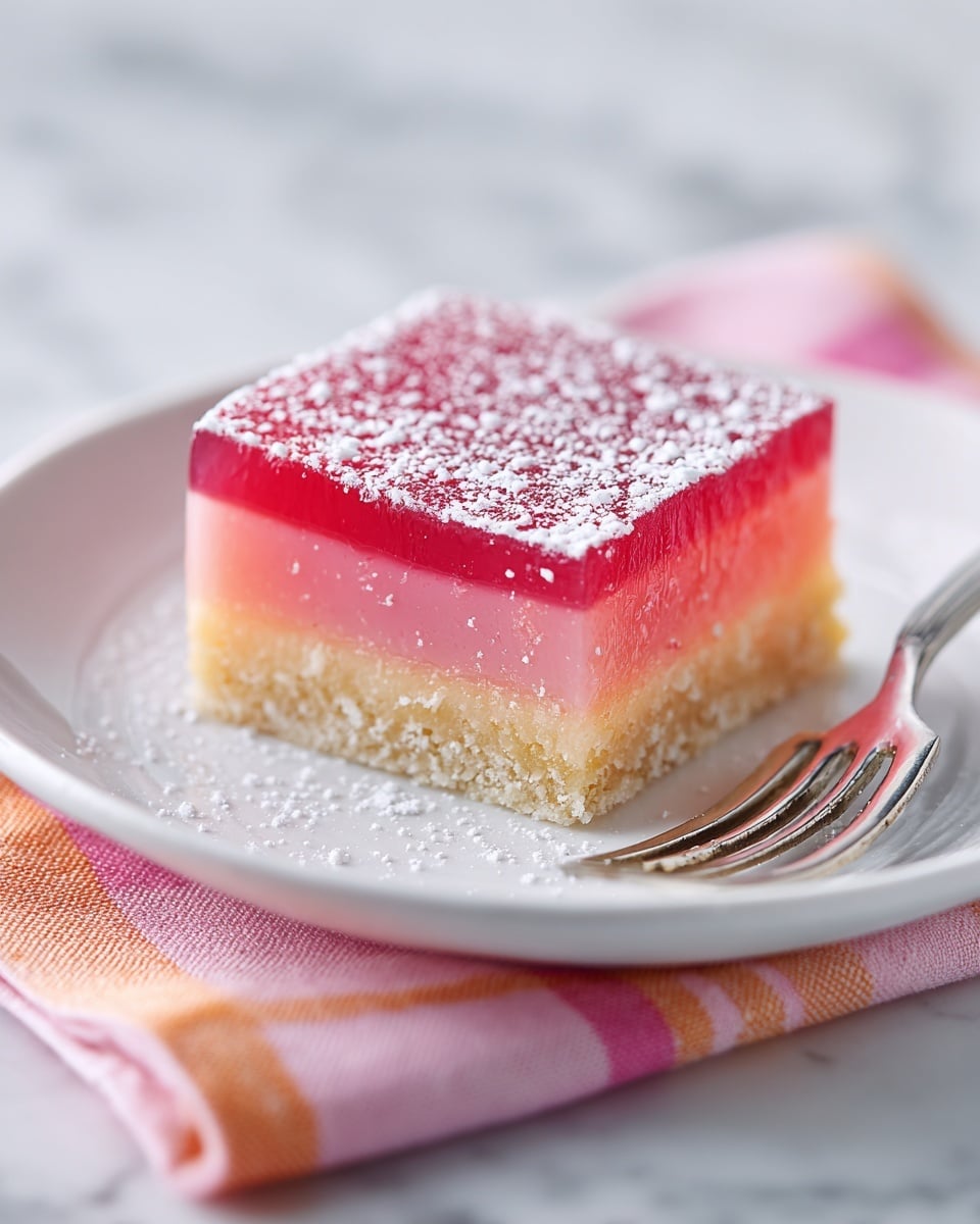The image shows a close-up of a square dessert bar on a white plate with a pink and orange plaid cloth underneath. The dessert has two layers: a bottom light beige crust that looks crumbly and a glossy, thick pink jelly layer on top. The top of the dessert is dusted with a fine white powdered sugar, sprinkled unevenly over the surface and edges. A silver fork is placed on the right side of the plate, partially under the dessert, and the background surface is white marble with soft natural light. photo taken with an iphone --ar 4:5 --v 7