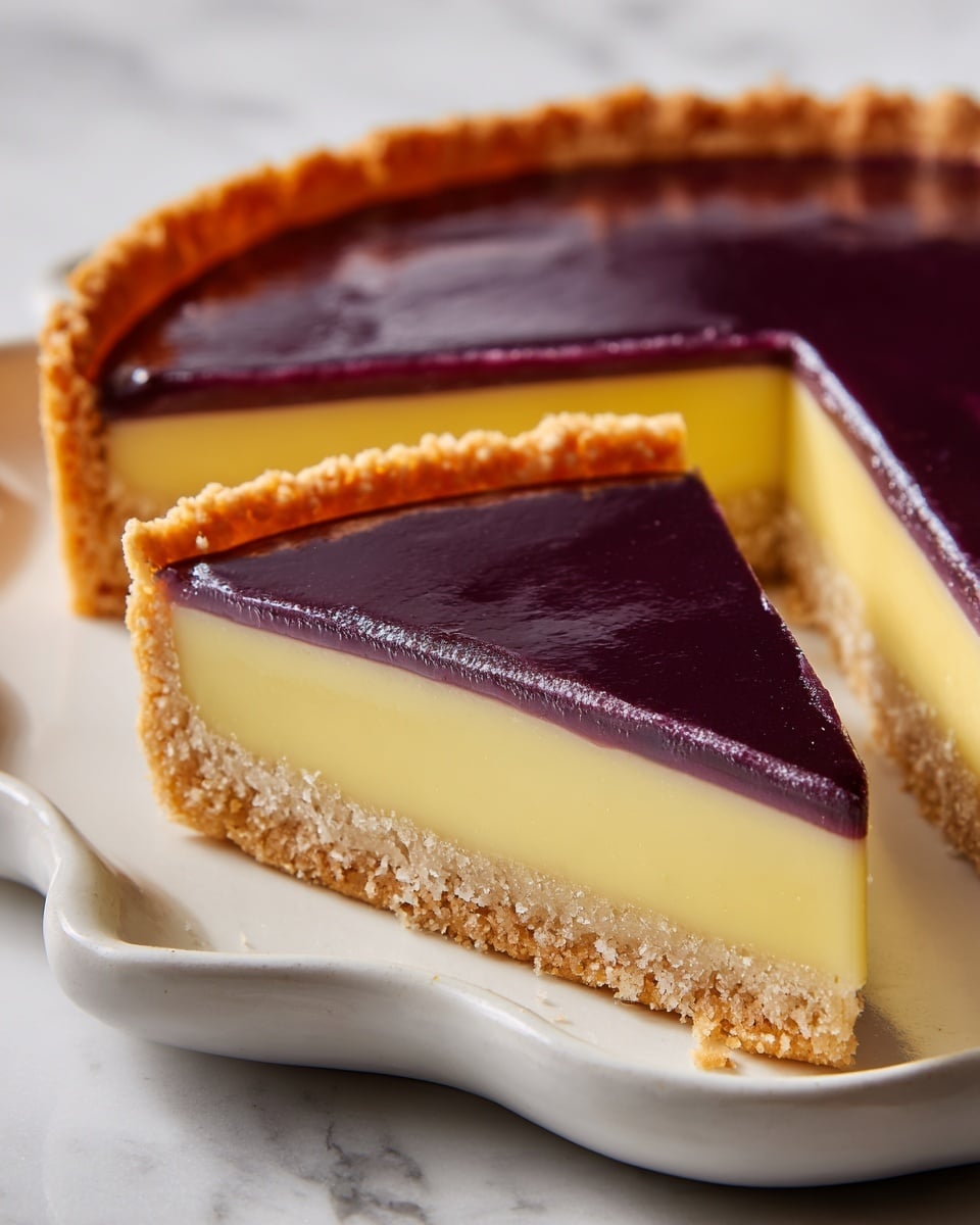 A close-up of a tart with three distinct layers sits on a white plate with wavy edges on a white marbled surface. The bottom layer is a light golden-brown crust, thick and firm. Just above it is a smooth, bright yellow layer that looks creamy. The top layer is a deep purple, glossy and even, covering the entire tart. One slice is slightly pulled out, showing the clear division between the three layers and the crispy edge of the crust. The background is simple and white, keeping full focus on the tart. photo taken with an iphone --ar 4:5 --v 7