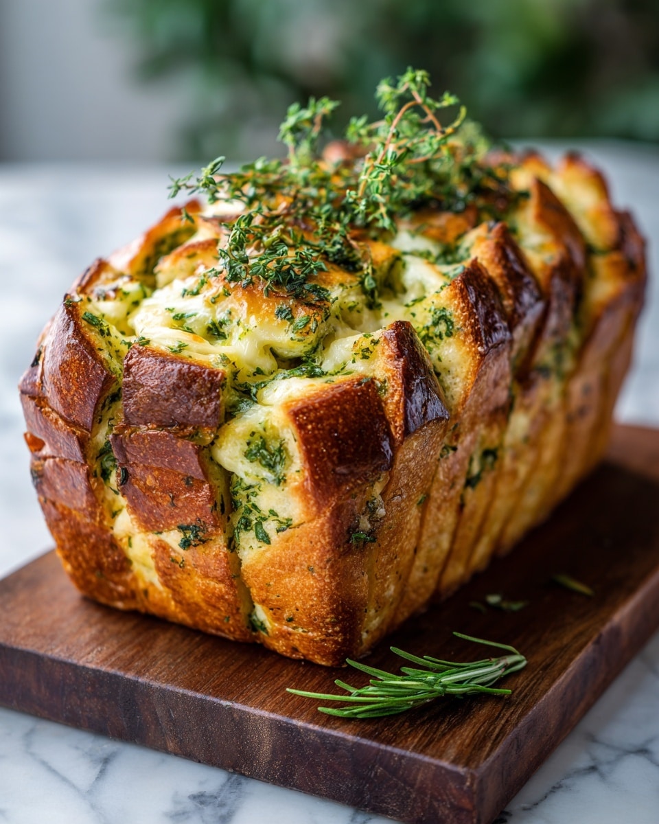 This image shows a loaf of pull-apart bread with several thick layers. The bread is golden brown on the outside with a shiny, slightly crispy texture. Inside, the layers are filled with bright green herbs and melted cheese that looks soft and gooey. On top of the bread, there are green sprigs of fresh herbs that add a natural touch. The loaf is placed on a dark wooden board, and the background has a soft white marbled texture with hints of greenery in the blurred background. photo taken with an iphone --ar 4:5 --v 7