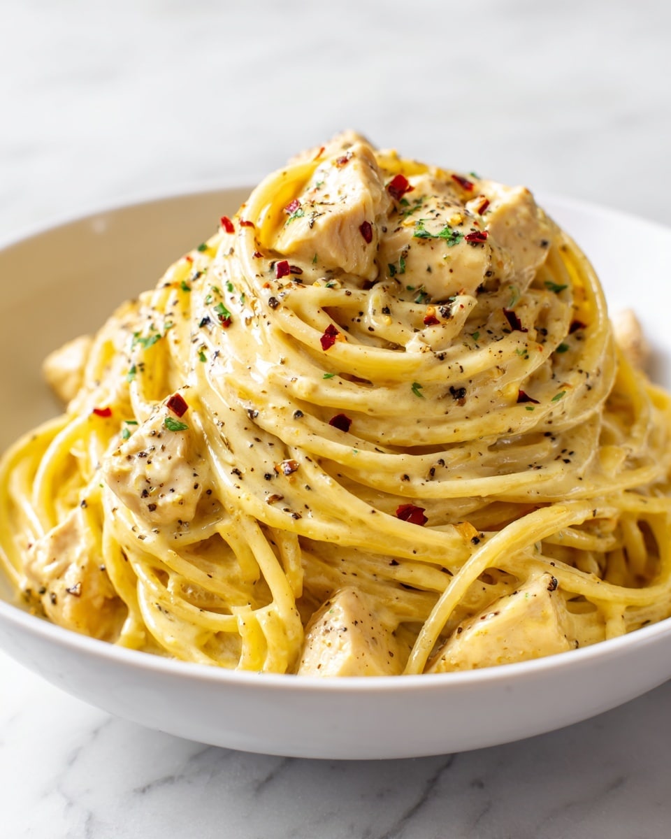 A white bowl filled with creamy spaghetti pasta, twisted in a circular mound with a smooth yellow sauce coating the noodles. On top and mixed through the pasta, there are chunks of white chicken, speckled with black pepper. Red chili flakes and small green herb pieces are scattered over the dish, adding color contrast against the creamy sauce. The smooth texture of the sauce glistens under soft light, and the bowl rests on a white marbled surface. photo taken with an iphone --ar 4:5 --v 7