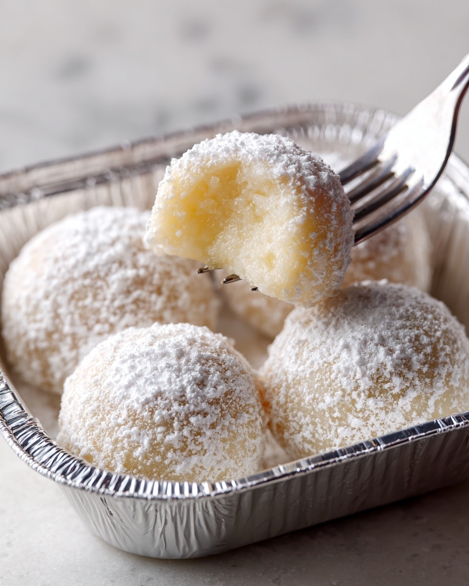 A close-up shows round white mochi balls dusted with powdered sugar placed inside a silver foil tray on a white marbled surface. One mochi is lifted with a fork, revealing a soft, smooth, pale yellow interior beneath the slightly translucent white outer layer. The mochi balls are arranged in a circle, with a soft texture and a light dusting that emphasizes their delicate surface. Photo taken with an iphone --ar 4:5 --v 7