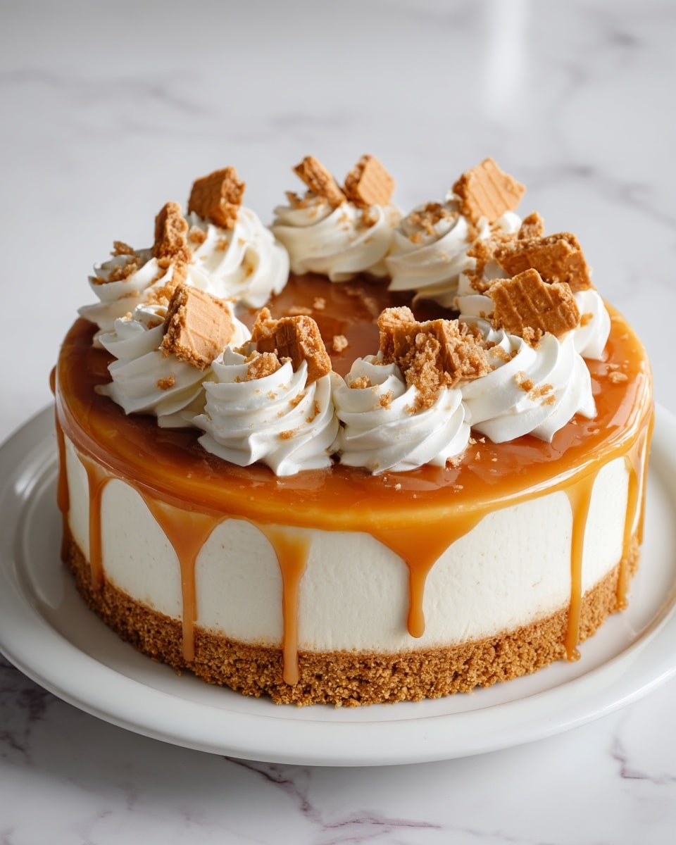 The cake has three visible layers: the bottom layer is a crumbly, rough-textured golden brown crust; the middle layer is a thick, smooth white cream that makes up most of the cake’s height; the top layer is a glossy, light brown caramel sauce that drips down the sides unevenly. On top of the caramel layer, there are eight swirls of white whipped cream arranged in a circle near the edge, each topped with pieces of crumbled light brown wafer cookies. The cake sits on a white plate with a simple edge, placed on a white marbled surface. Photo taken with an iphone --ar 4:5 --v 7