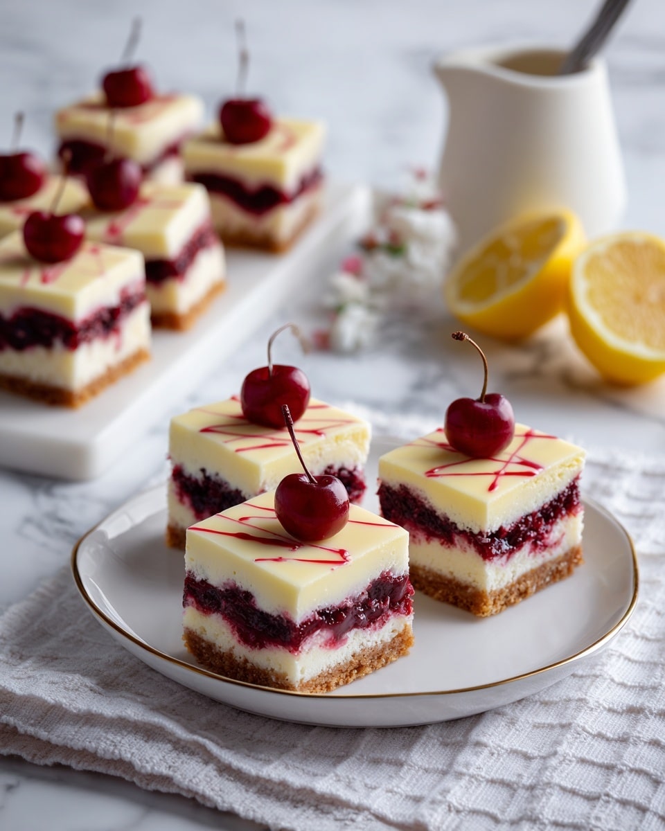 Four square pieces of dessert sit on a white plate with a thin gold rim, placed on a white marbled surface with a white checkered cloth underneath. Each piece has three visible layers: a golden brown crust at the bottom, a deep red fruit filling in the middle, and a smooth, pale yellow creamy top layer. The top is decorated with thin red lines crossing in the middle and a whole cherry placed slightly off-center in each square. In the background, more dessert pieces are arranged on a white rectangular tray, along with a halved lemon and a white jug with a spoon inside. Photo taken with an iphone --ar 4:5 --v 7
