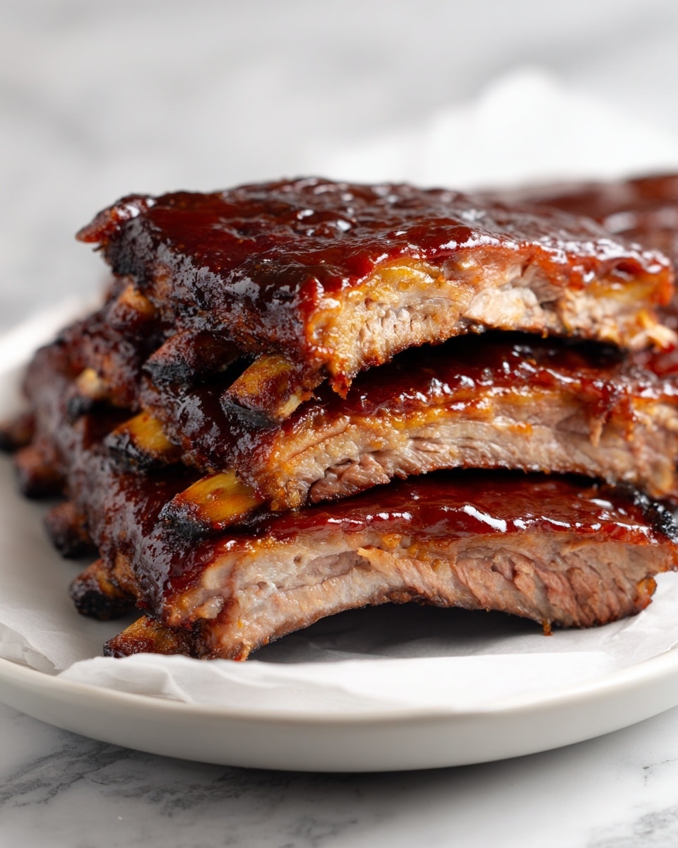 A thick slab of barbecue ribs sits on white parchment paper atop a white plate, showing two layers of meaty ribs with a rich, glossy dark brown barbecue sauce coating the entire surface. The ribs have a slightly charred look on the edges and exposed bones that are light brown with dark, smoky tips. The top layer is cut to display the tender, juicy meat inside, which is a tender beige color with a subtle pink smoke ring near the surface. The sauce glistens under soft light, making the ribs look very juicy and flavorful. The background is a white marbled texture. photo taken with an iphone --ar 4:5 --v 7