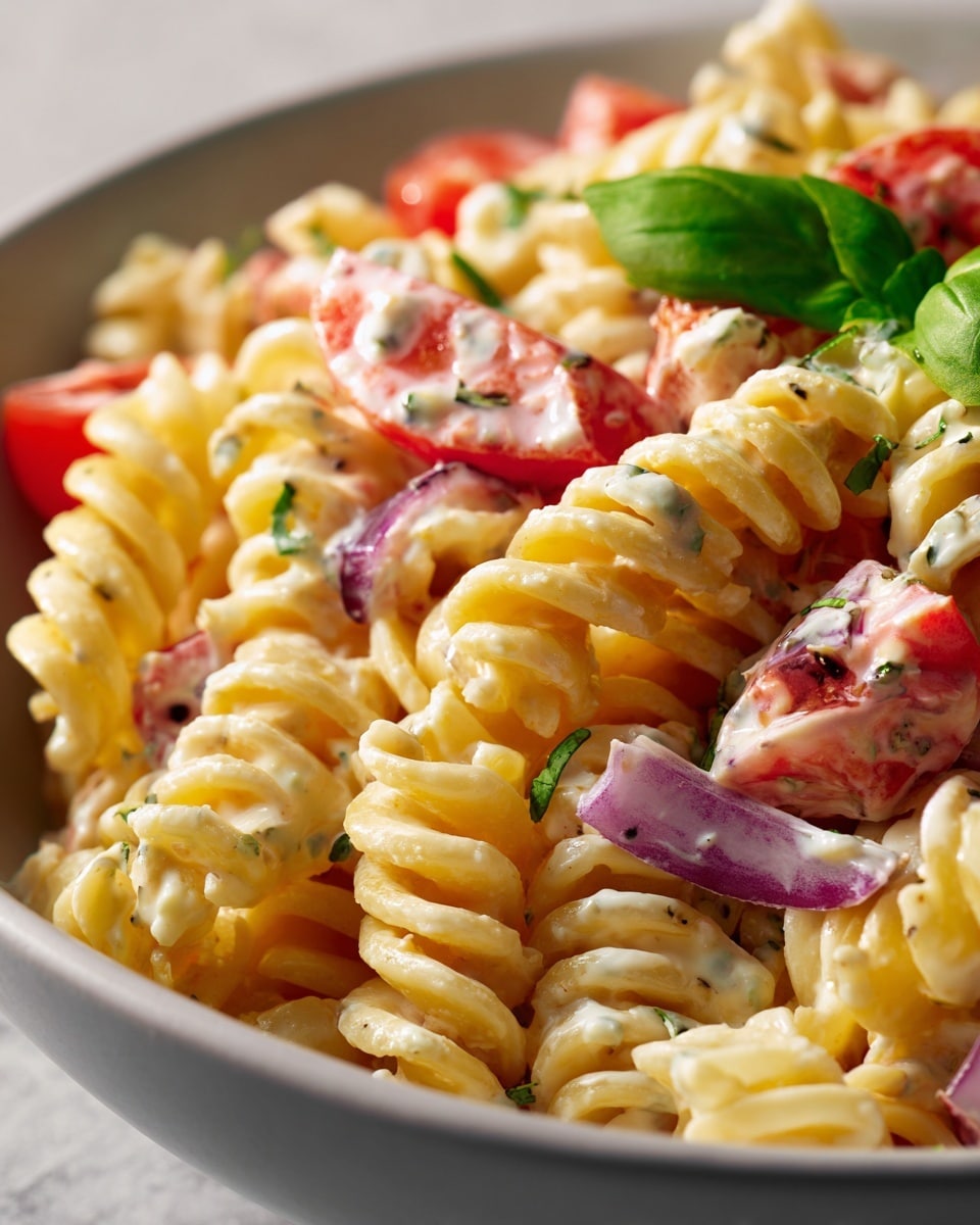 A close-up view of a creamy pasta salad served in a white bowl sits on a white marbled surface. The salad has three main layers: tightly coiled spiral pasta with a pale orange-yellow color forms the base, mixed with juicy chunks of bright red tomatoes and thin slices of purple-red onions scattered throughout. Fresh small green leafy herbs add a touch of color on top. The pasta and vegetables are coated with a smooth, thick white creamy dressing that gives a rich texture to the salad. Photo taken with an iphone --ar 4:5 --v 7