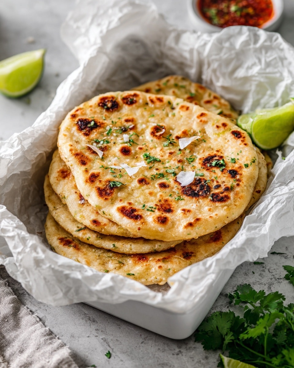 Four round flatbreads with a golden-brown color and some darker toasted spots are stacked inside a white rectangular dish lined with crumpled white parchment paper. The top flatbread has small white flakes and a few green herb leaves scattered on it. To the right side of the dish, there are green lime wedges and a sprig of fresh green cilantro. In the blurred background, a small bowl with a red condiment is partly visible. The whole scene sits on a white marbled surface. photo taken with an iphone --ar 4:5 --v 7