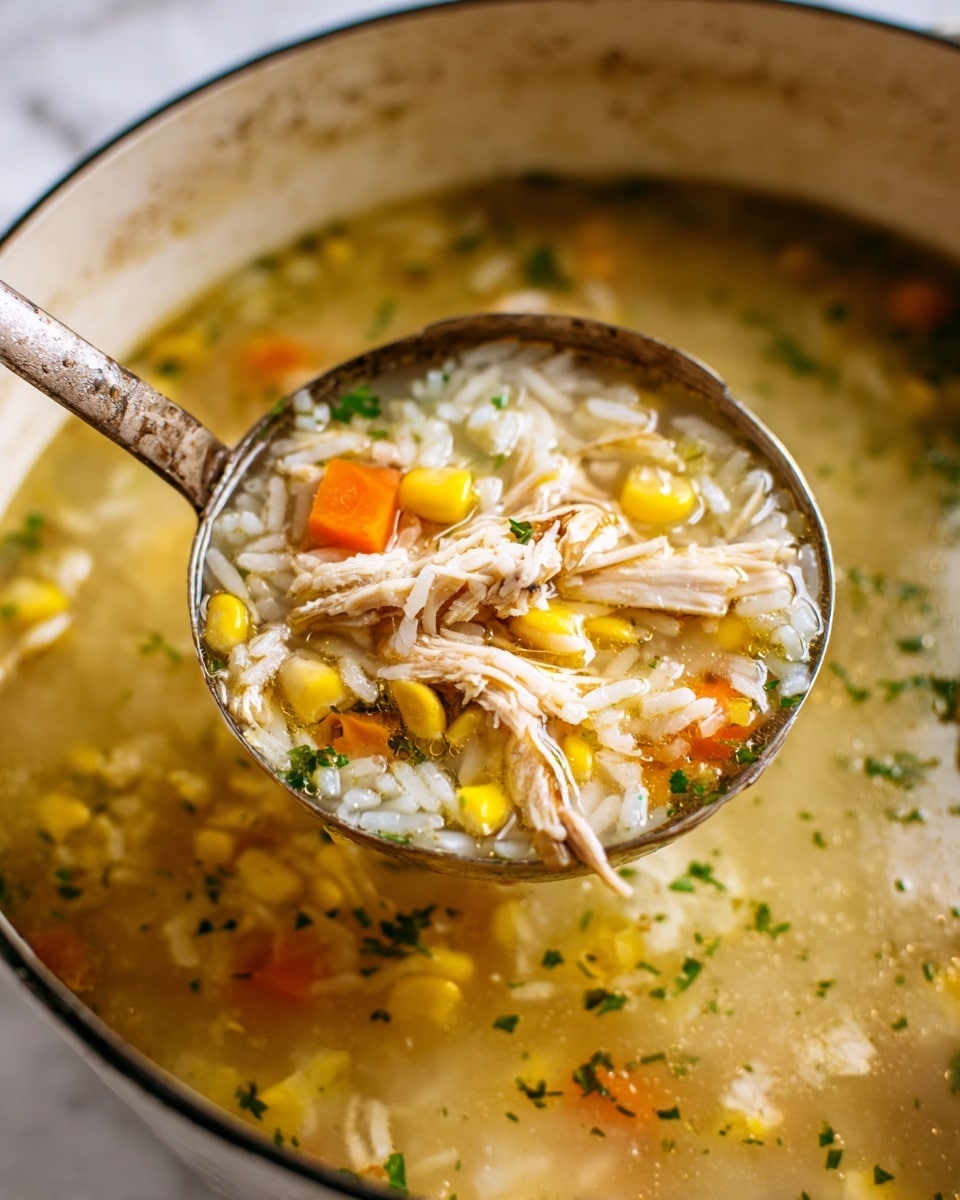 A close-up view of a ladle filled with a thick soup showing layers of shredded light brown chicken on top, mixed with bright yellow corn kernels, small orange carrot pieces, and white rice grains in a clear, slightly yellow broth with visible green herb flakes, all held above a pot filled with the same soup. The surface beneath is a white marbled texture. photo taken with an iphone --ar 4:5 --v 7