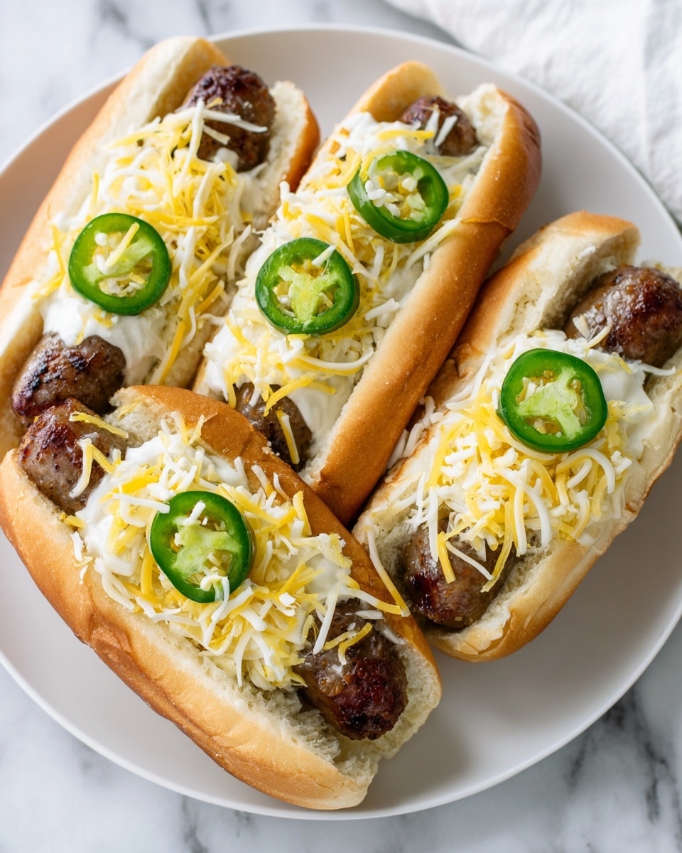 Two hot dogs are each placed in a white soft bun on a light green plate against a white marbled background. Each hot dog has a browned sausage at the base, topped with a layer of white creamy sauce. Over the sauce is a generous sprinkle of shredded yellow and white cheese mixed together. On top of each hot dog, there are bright green slices of jalapeño peppers with visible seeds. The hot dogs are close together, and the edges of the buns show a soft texture. A beige cloth is also partially visible beneath the plate. Photo taken with an iphone --ar 4:5 --v 7
