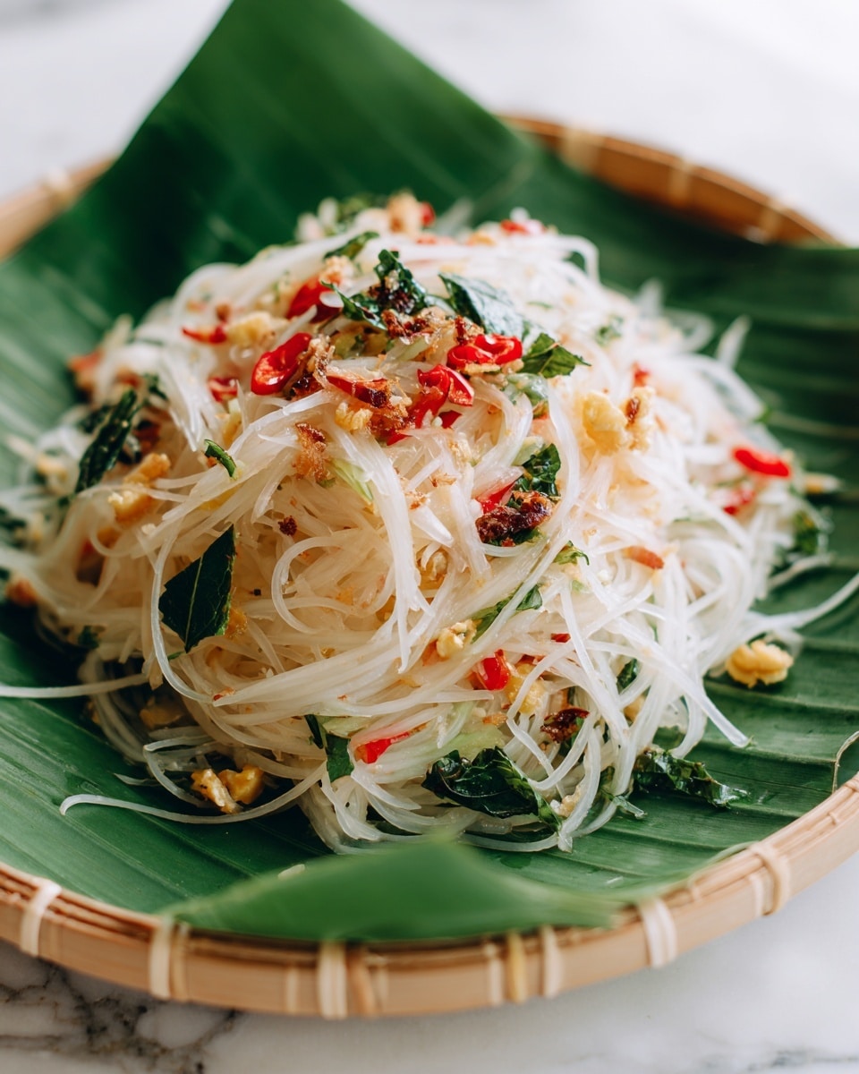 This image shows a fresh plate of papaya salad served on green banana leaves placed inside a white round basket tray. The salad is colorful with many layers: thin white rice noodles are mixed with light green shredded papaya, small red chili pieces, and scattered dark green herb leaves. There are bits of light yellow and translucent crushed nuts and some darker brown dried shrimp scattered throughout. The textures look crisp and fresh with a mix of soft noodles and crunchy vegetables. The photo is close up, showing the details of each ingredient with a white marbled texture background. photo taken with an iphone --ar 4:5 --v 7