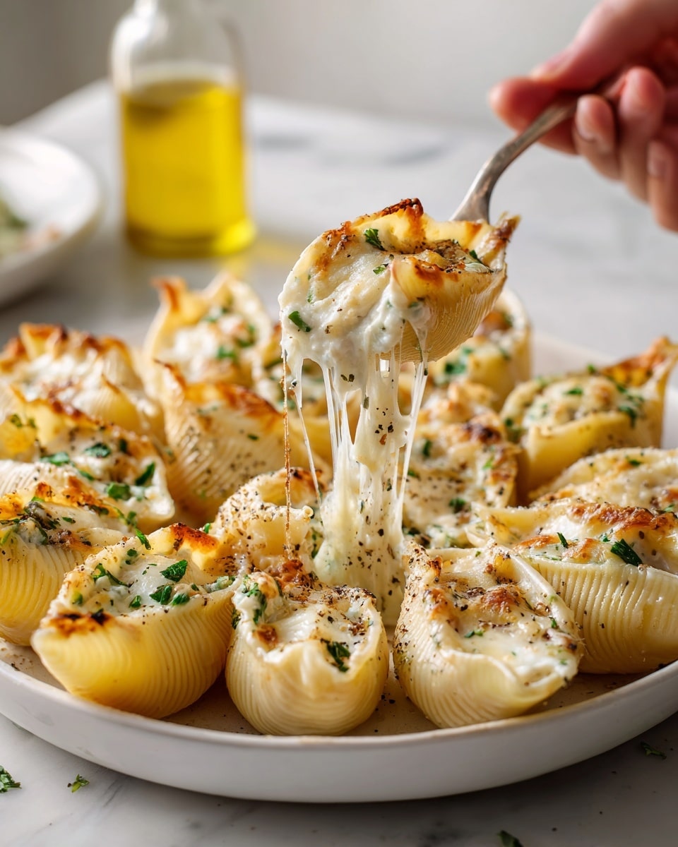 The image shows a close-up of a large white plate filled with stuffed pasta shells arranged in a circle. Each shell is creamy white with a soft, slightly browned melted cheese layer on top, sprinkled with small green herb bits and black pepper. The cheese filling looks rich and stringy, stretching as a woman’s hand lifts one pasta shell with a fork, showing gooey melted cheese dripping down. In the background, a blurred bottle with yellow liquid stands on a white marbled surface, adding a soft warm tone to the scene. photo taken with an iphone --ar 4:5 --v 7