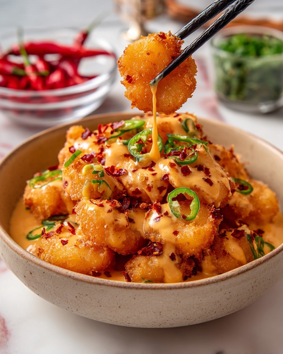 A beige bowl filled with golden brown crispy fried shrimp piled in layers, coated in a creamy orange sauce that drips slightly. The shrimp are garnished with thin slices of bright green chili and small pieces of red chili flakes scattered on top. A pair of black chopsticks holds a piece of shrimp above the bowl, showing the sauce dripping from it. The bowl is placed on a white marbled surface, and blurred red chilies and a glass bowl with green chopped herbs are visible in the background. photo taken with an iphone --ar 4:5 --v 7