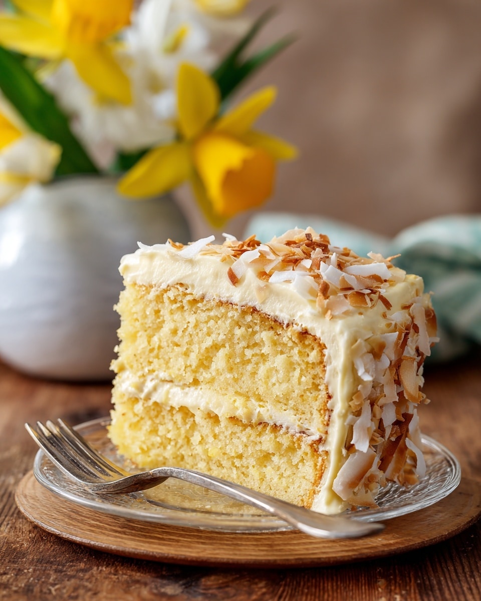 A slice of yellow pineapple coconut cake is shown with two soft, fluffy layers separated by a smooth, creamy light yellow frosting. The top layer is covered with the same creamy frosting and sprinkled with white and light brown toasted coconut flakes. The cake sits on a clear glass plate placed on a wooden surface, with a silver fork resting nearby. In the background, there is a blurred white vase holding yellow and white flowers against a soft brown background. photo taken with an iphone --ar 4:5 --v 7