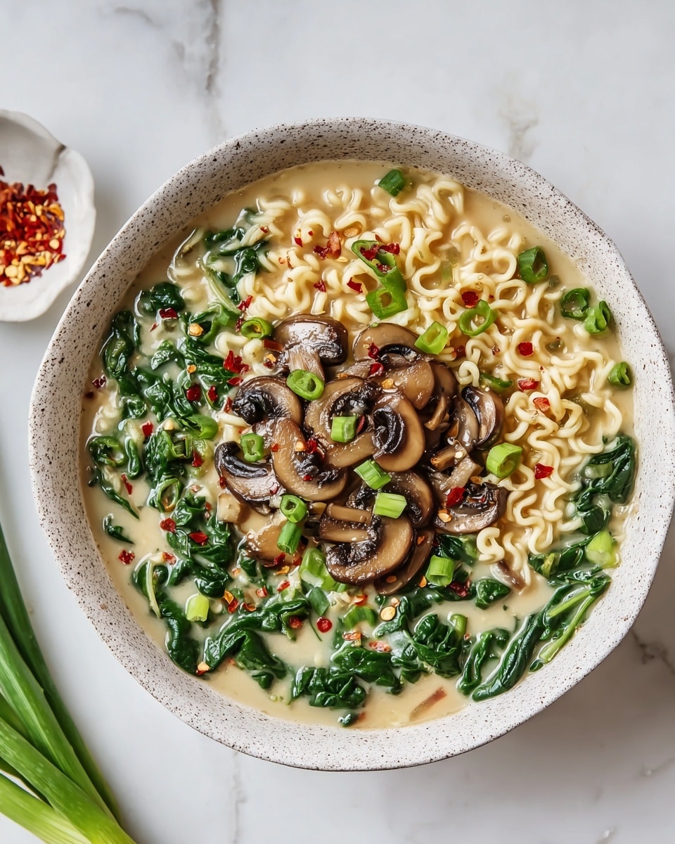 A white speckled bowl holds a creamy light brown broth filled with wavy, soft noodles as the base layer, covering most of the bowl. On top of the noodles is a layer of bright dark green spinach leaves that look cooked but still fresh. Sitting over the spinach are thinly sliced, slightly browned mushrooms arranged in a small pile in the center. Scattered brightly over everything are small pieces of chopped green onions and red chili flakes adding vibrant touches of green and red. The bowl is placed on a white marbled surface with some green onion ends and a small white bowl filled with chili flakes nearby. Photo taken with an iphone --ar 4:5 --v 7
