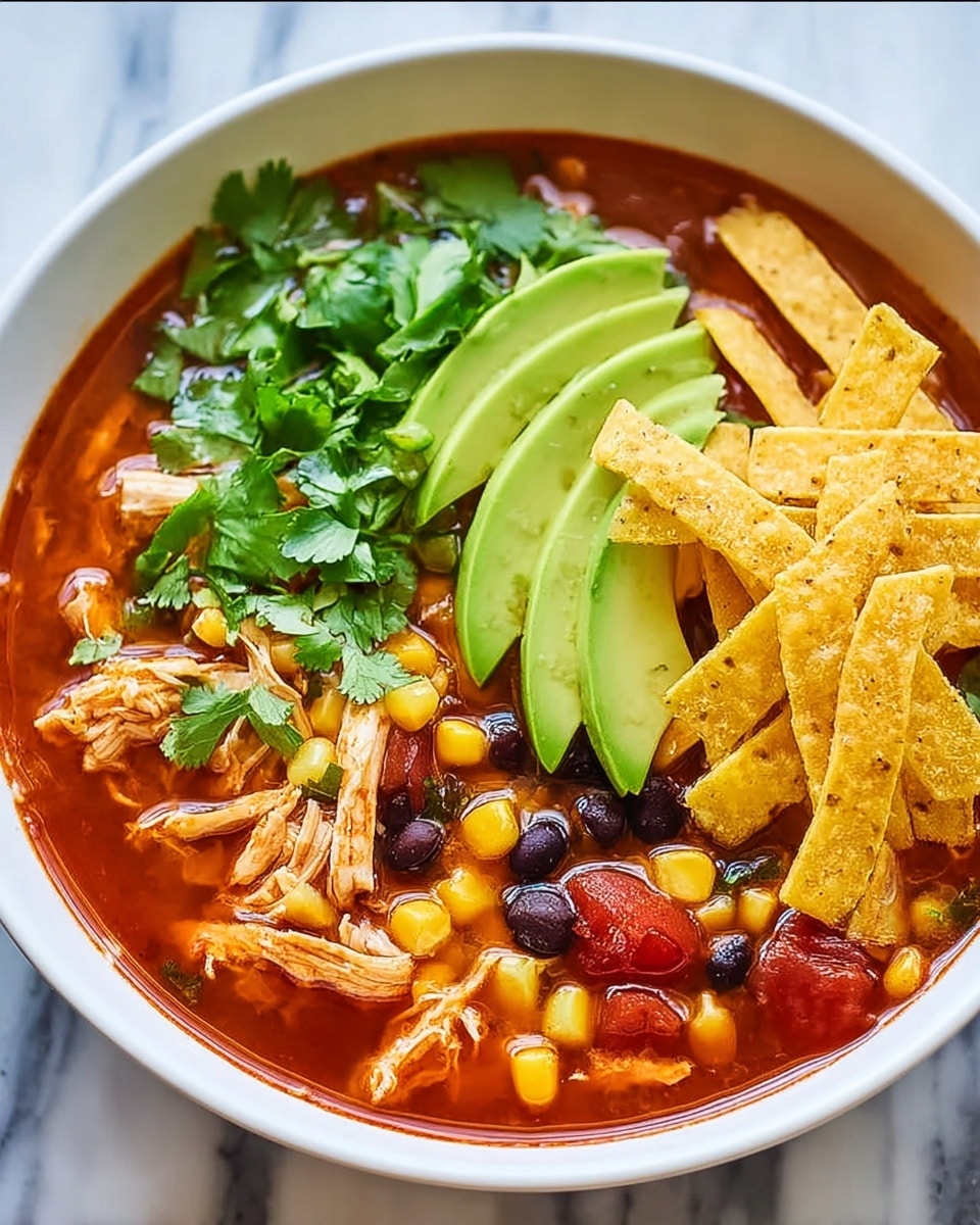 A white bowl filled with three layers: the bottom layer is a rich red soup with visible yellow corn, black beans, shredded chicken, and small pieces of tomato scattered throughout. The middle layer has a handful of yellow corn tortilla strips laid on top of the soup. The top layer includes three slices of bright green avocado placed neatly on one side, with fresh green cilantro leaves scattered over the tortilla strips and soup. The bowl is set on a white marbled surface. photo taken with an iphone --ar 4:5 --v 7