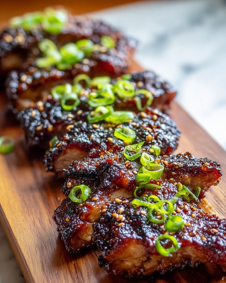 Several pieces of grilled meat, cut into thick rectangular slices, are arranged in a row on a wooden board. Each piece has a shiny, dark brown, charred glaze layer on top, mixed with crispy blackened spots and sprinkled with small white sesame seeds. Inside, the meat looks juicy with a light pinkish color and a slightly fibrous texture. Bright green sliced scallions are scattered on top of each piece for a fresh contrast. The wooden board has some glossy sauce drips around the meat, adding a rich, moist look. The background shows a white marbled texture with soft, natural light highlighting the glossy glaze on the meat. photo taken with an iphone --ar 4:5 --v 7