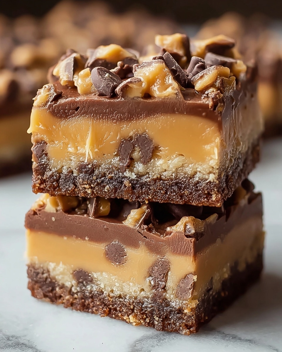 The image shows two stacked dessert bars, each with three clear layers. The base layer is a crumbly, dark brown crust, followed by a thick, smooth milk chocolate layer. Above this is a gooey, light golden caramel layer mixed with chocolate chunks scattered on top, adding texture and depth. The bars are placed on a white marbled surface, with the background blurred to keep the focus on the dessert. photo taken with an iphone --ar 4:5 --v 7