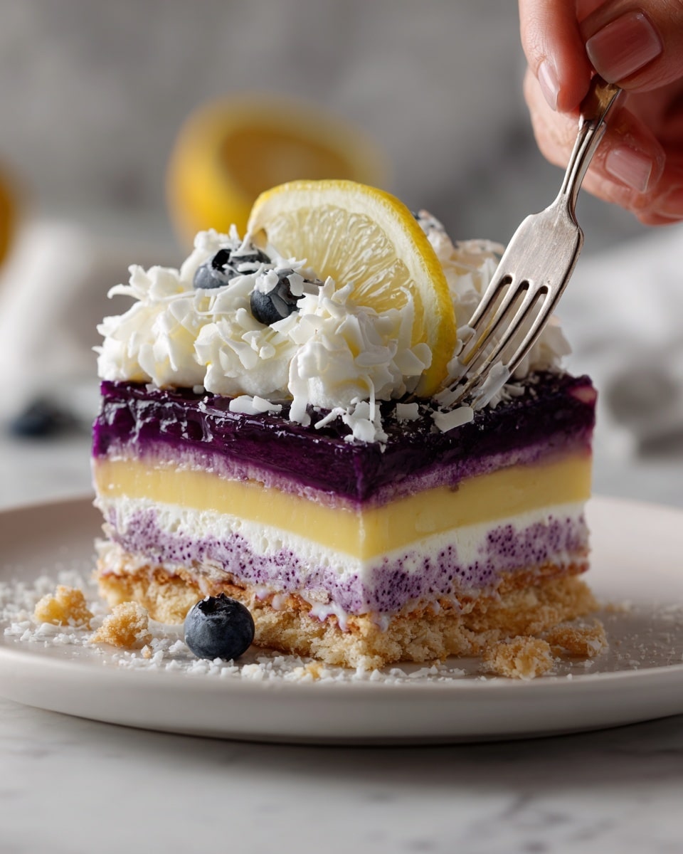 The image shows a square blueberry lemon layered dessert on a white plate, placed on a white marbled surface. The dessert has four clear layers: the bottom layer is a crumbly golden crust, above it is a thick light purple layer with blueberry pieces mixed in, next is a smooth bright yellow lemon layer, and the top is a fluffy white cream layer. White chocolate curls cover the top, with a lemon slice decoration placed on one corner in the first photo. The dessert is cut to show the neat edges and textures of each layer, with some crumbs at the base and a silver fork beside the plate. Photo taken with an iphone --ar 4:5 --v 7