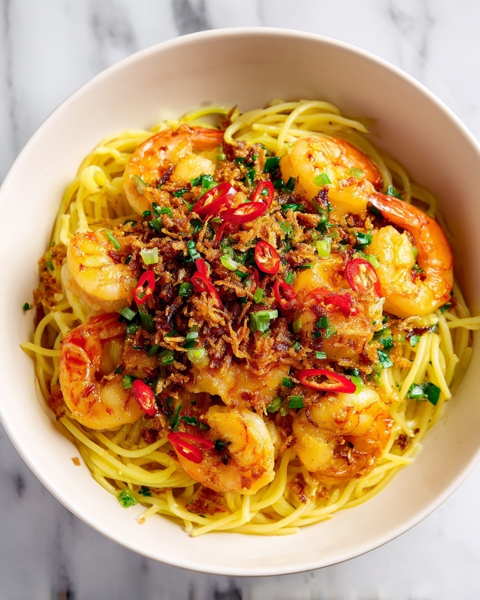 A white bowl filled with a dish of golden-yellow noodles as the base layer, topped with several large, cooked shrimp that have an orange-pink color and slightly charred edges. The shrimp are spread evenly over the noodles. Scattered on top are finely chopped green herbs and small pieces of red chili, adding spots of fresh green and bright red. There are also small bits of browned garlic or onions mixed throughout the dish, giving it texture and color contrast. The food looks juicy and well-seasoned, placed on a white marbled surface. Photo taken with an iphone --ar 4:5 --v 7