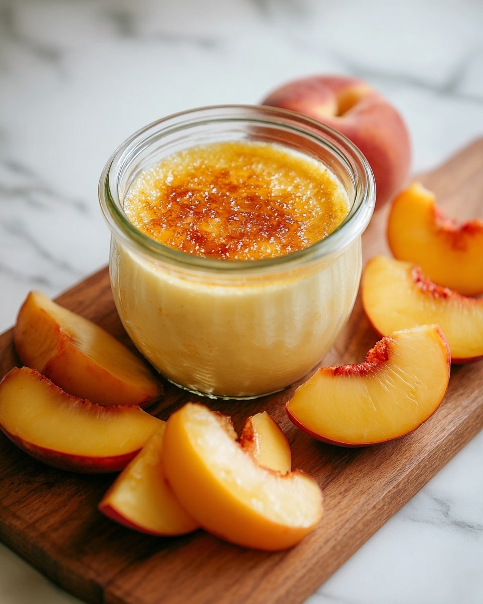 A small glass jar filled with a thick, creamy peach-colored mousse topped with a light caramelized layer, sitting on a wooden surface. Surrounding the jar are several fresh peach slices with bright orange and red skin and juicy yellow-orange flesh. The background features a soft white marbled texture with a folded light beige cloth nearby. A woman's hand is gently holding the jar on one side. photo taken with an iphone --ar 4:5 --v 7