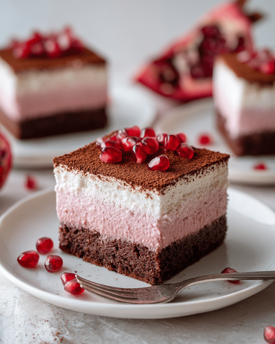 A square dessert with three layers sits on a white plate over a white marbled texture. The bottom layer is thick and dark brown with a moist texture, the middle layer is light pink and creamy, and the top layer is dusted with cocoa powder in a warm brown tone. Scattered bright red pomegranate seeds rest on the cocoa powder, adding contrast to the smooth surface. Another similar dessert is blurred in the background, along with a partially opened pomegranate. Photo taken with an iphone --ar 4:5 --v 7