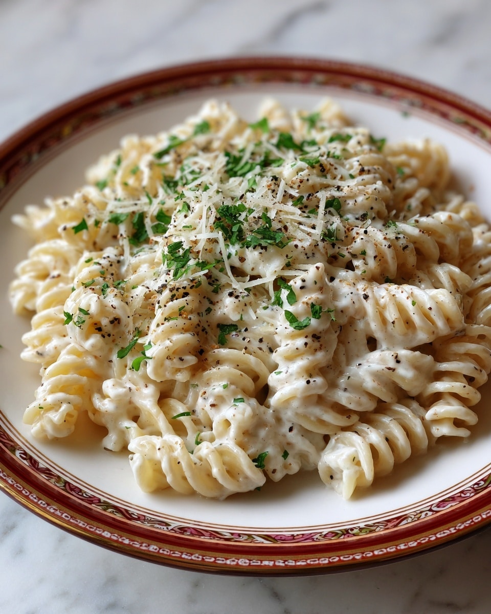 A round white plate holds a single layer of spiral rotini pasta coated in a creamy, light beige sauce. The pasta looks soft, with the sauce thickly covering each piece, giving the dish a smooth and slightly glossy texture. On top of the pasta, there is a scattering of finely chopped green herbs and thin shreds of white cheese, with tiny spots of black pepper sprinkled over everything. The edge of the plate has a dark reddish-brown decorative rim. The background shows a white marbled surface. Photo taken with an iphone --ar 4:5 --v 7