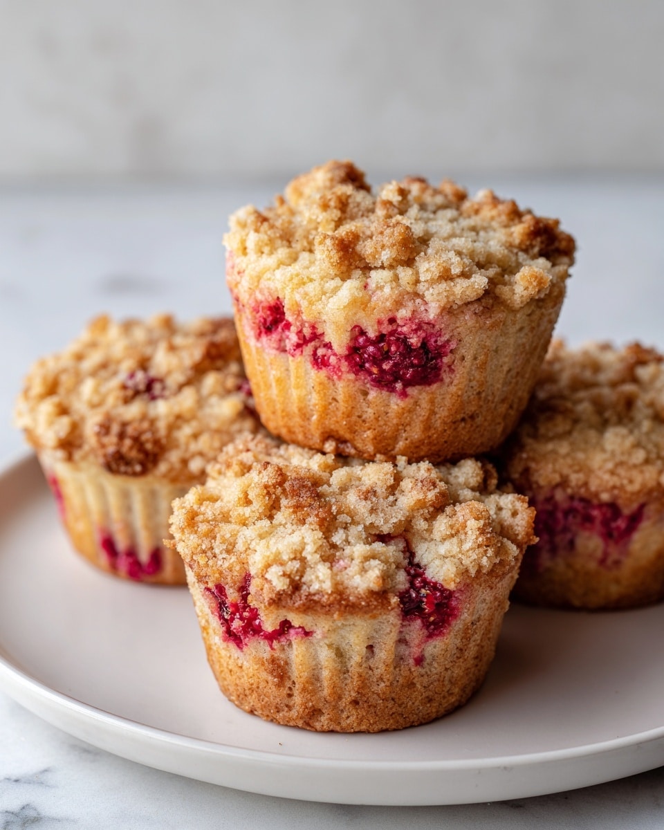 A close-up view of four muffins sitting in white paper liners on a round white plate. Each muffin has three main layers: a golden-brown base with visible soft crumbs, a middle light yellow cake layer with bits of red fruit embedded, and a rough, crunchy brown crumb topping with oat pieces and small red berry chunks scattered throughout. The muffins are placed tightly together, with the focus on the front muffin showing clear texture on the crumb topping while the background muffins appear softly blurred. The plate rests on a surface with a white marbled texture. photo taken with an iphone --ar 4:5 --v 7
