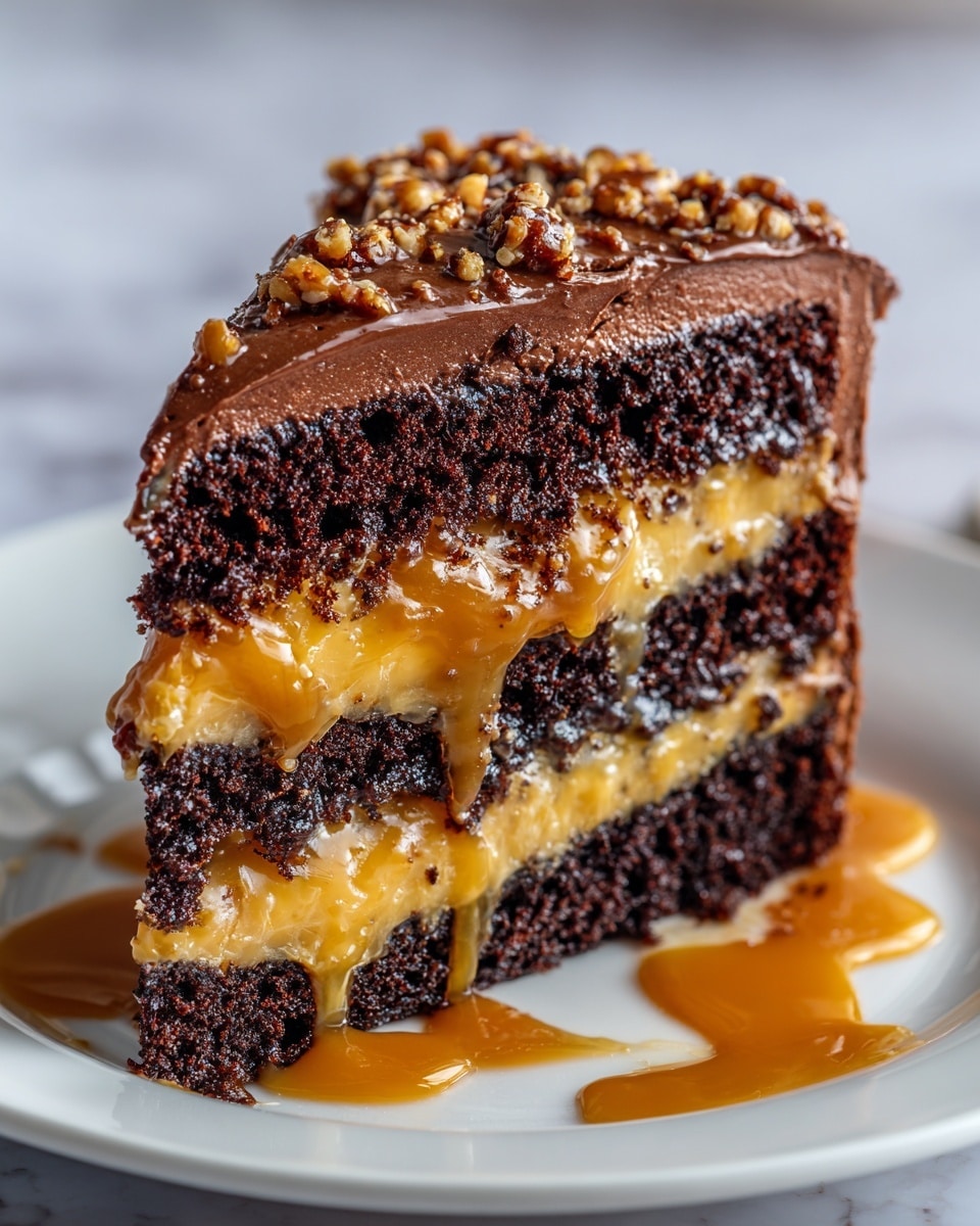 A close-up of a slice of chocolate caramel cake on a white plate with a white marbled texture background. The cake has three main layers: a bottom dark chocolate cake layer, a thick middle layer of golden caramel with some nuts mixed in, and another dark chocolate cake layer on top. The cake is covered with a glossy dark chocolate frosting layer, sprinkled with small nut pieces. Caramel sauce is drizzled on the plate around the cake slice. Photo taken with an iphone --ar 4:5 --v 7