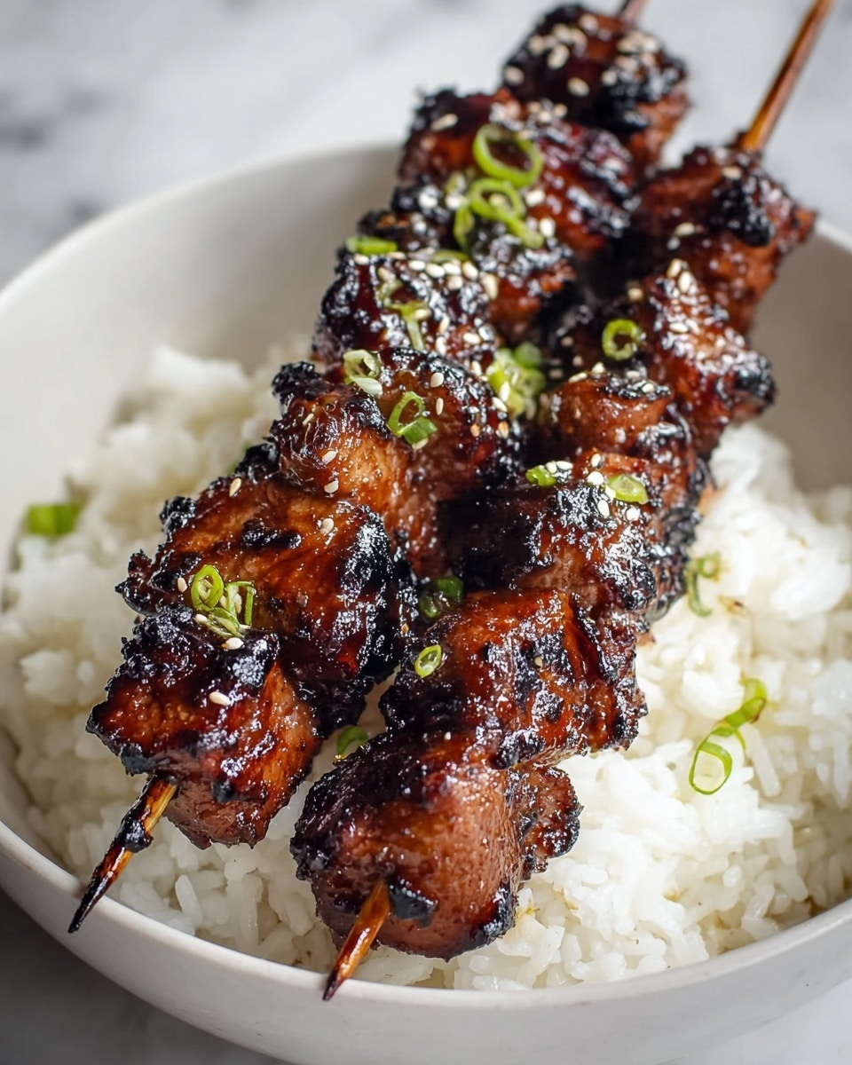 The image shows a white bowl filled with a base layer of fluffy white rice. On top, there are two skewers laid diagonally, each holding several pieces of grilled meat with a dark, shiny glaze and slight char marks. The meat pieces are glossy with a sticky sauce and sprinkled with white sesame seeds and small green onion slices. The bowl is placed on a white marbled surface. photo taken with an iphone --ar 4:5 --v 7