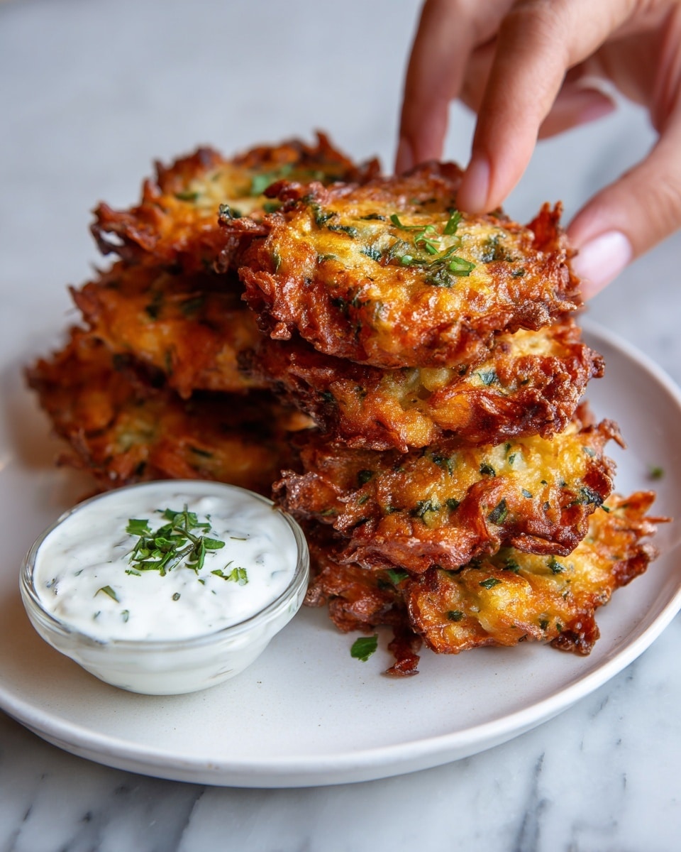 A white plate holds four golden brown zucchini fritters with crispy edges and a slightly rough texture. The fritters are topped with small pieces of chopped green herbs, adding a fresh touch. On the left side of the plate, there is a small woven basket bowl filled with a creamy white sauce sprinkled with finely chopped green herbs on top. The plate is set on a white marbled surface. photo taken with an iphone --ar 4:5 --v 7